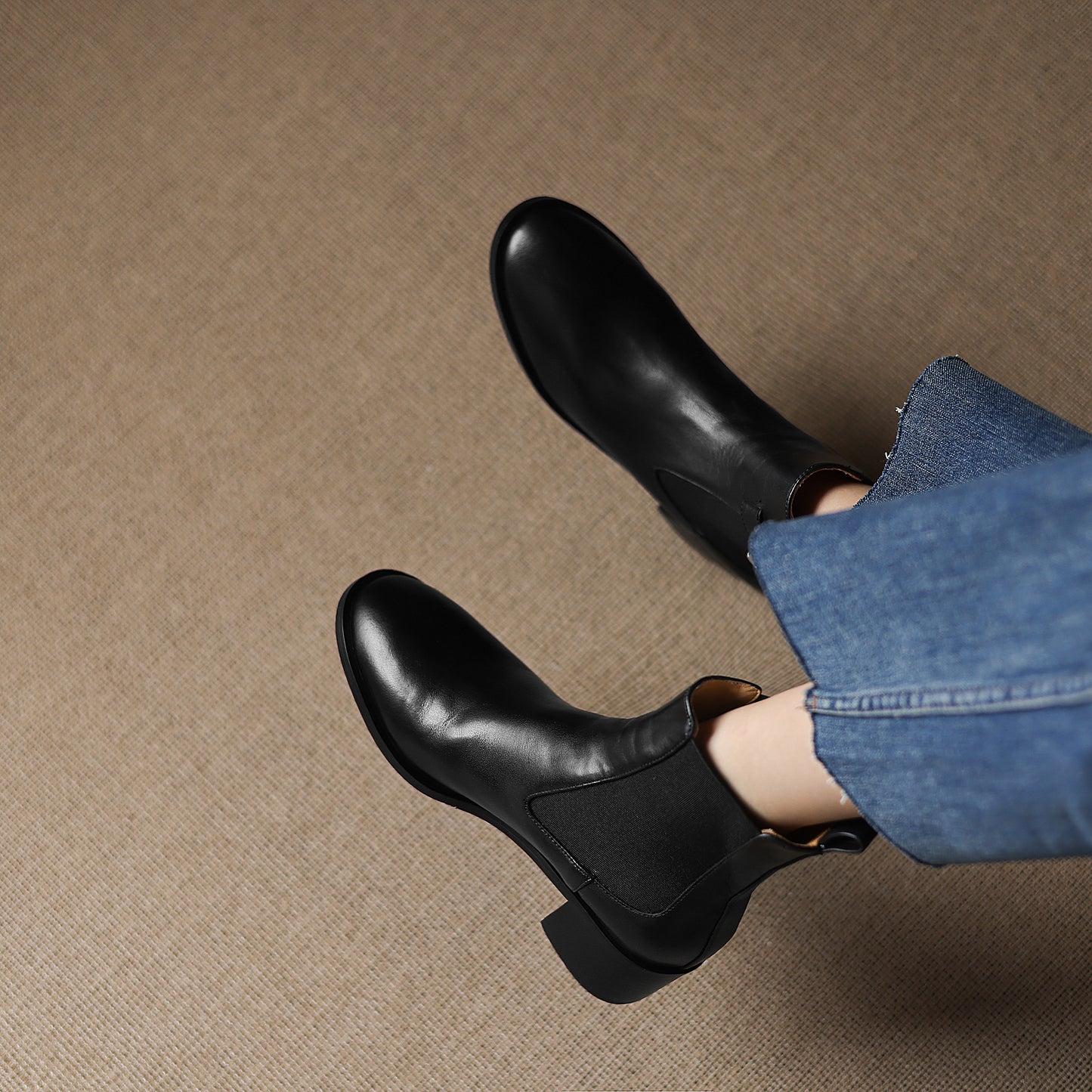 TinaCus Women's Genuine Leather Handmade Elastic Panel Ankle Buckle Round Toe Stacked Low Heel Short Booties