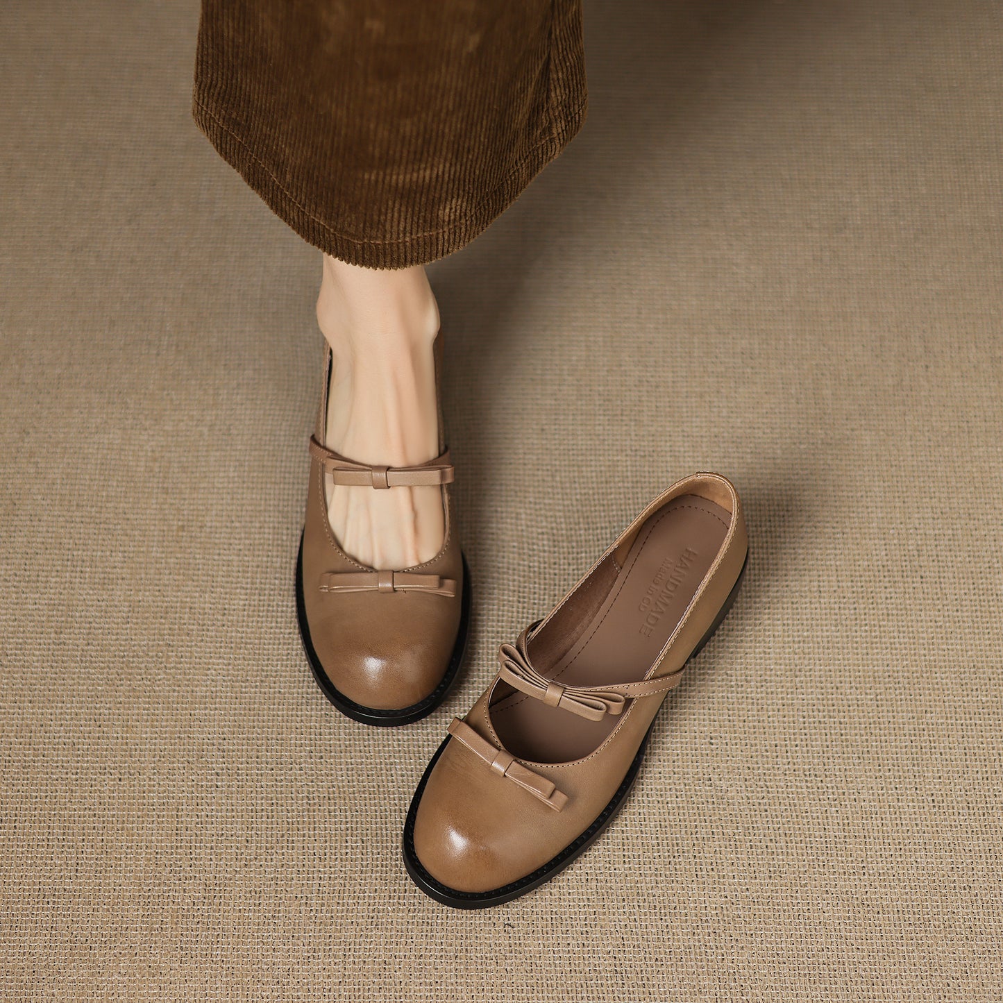 TinaCus Handmade Women's Genuine Leather Round Toe Slip-on Chunky Heel Mary Jane Shoes with Bowknot