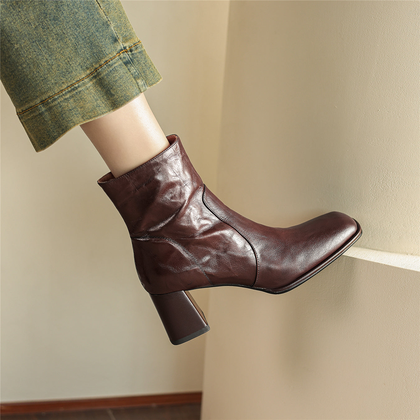 TinaCus Women's Genuine Leather Square Toe Block Heel Handmade Side Zip Up Ankle Boots (US7.5)