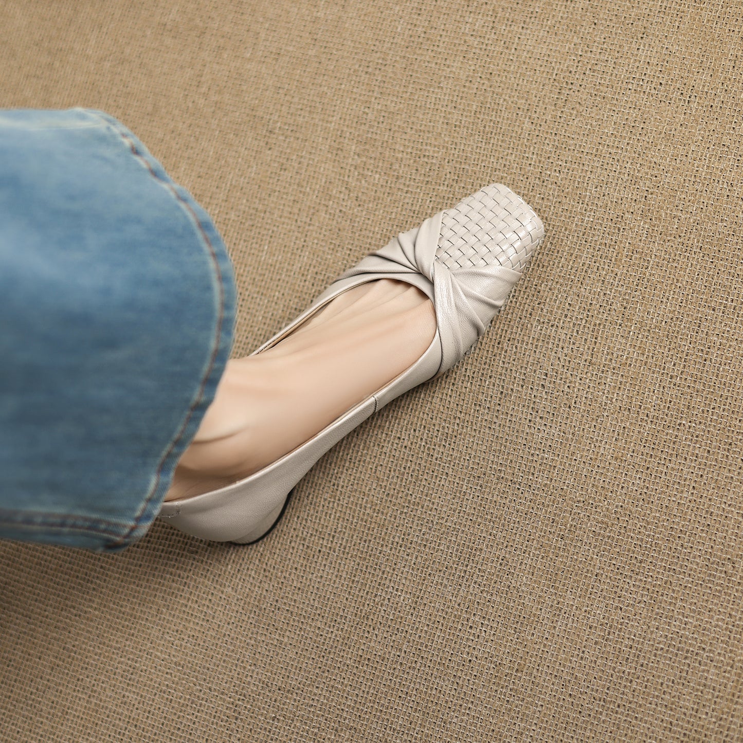 TinaCus Handmade Women's Genuine Leather Square Toe Woven Twist Knot Chunky Heel Casual Slip On Pump Shoes