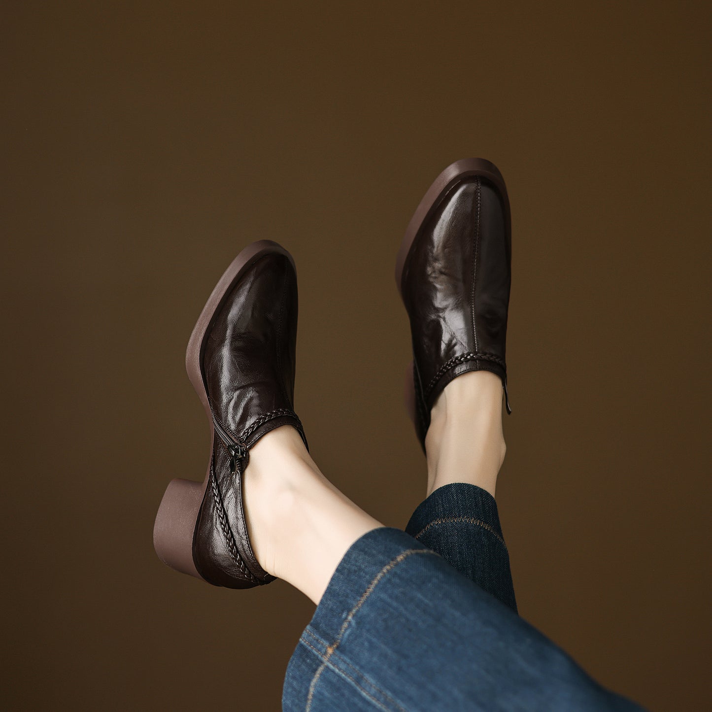 TinaCus Handmade Women's Genuine Leather Round Toe Braided Block Heel Casual Side Zipper Pump Shoes