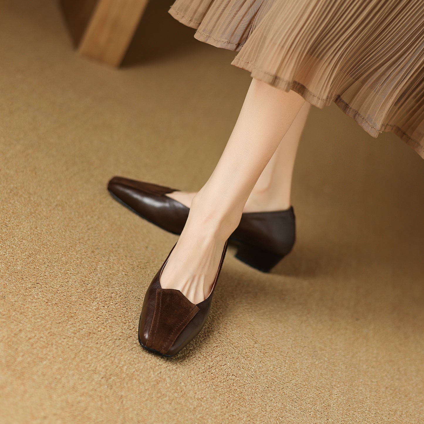 TinaCus Handmade Women's Genuine Leather Square Toe Slip On Patchwork Low Heel Office Dress Loafer Shoes