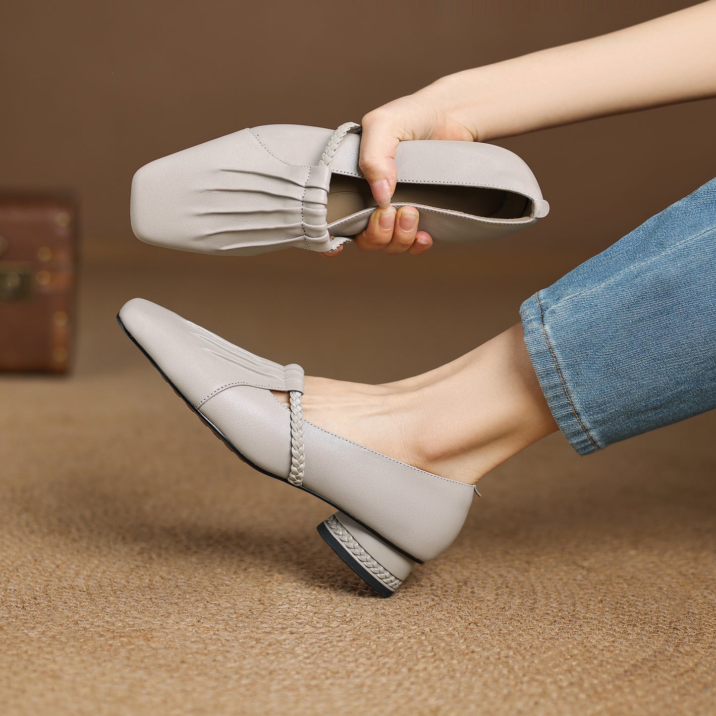 TinaCus Handmade Women's Genuine Leather Square Toe Braided T-Strap Ruched Casual Pump Shoes