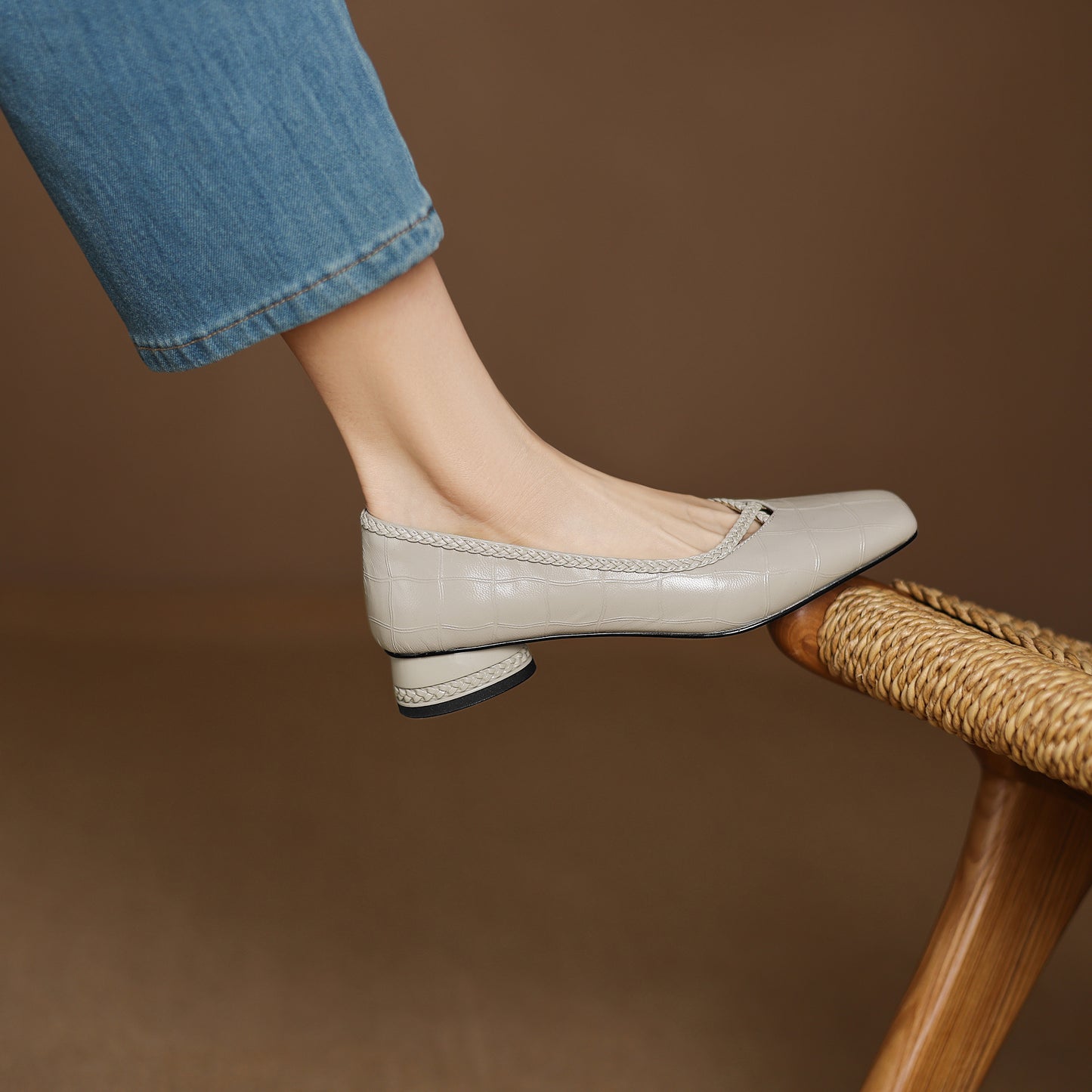 TinaCus Handmade Women's Genuine Leather Square Toe Braid Hollow-Out Chunky Heel Casual Slip On Pump Shoes