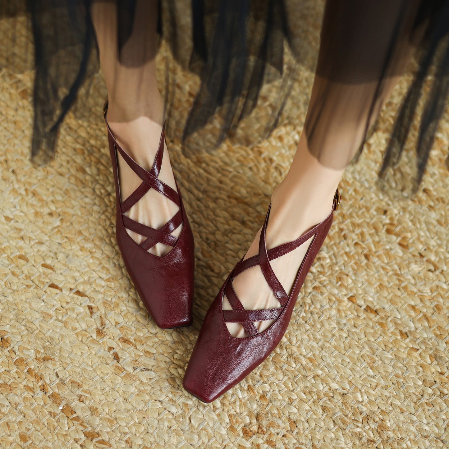 TinaCus Handmade Women's Genuine Leather Square Toe Cross Ankle Strap Mary Jane Shoes