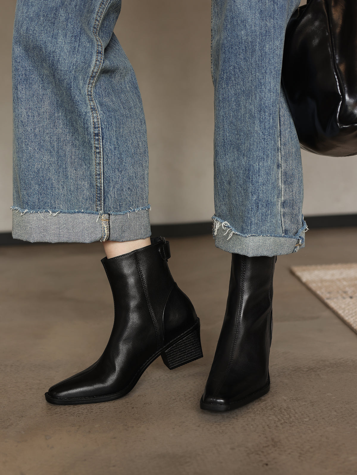 TinaCus Women's Leather Back Zipper Block Heel Ankle Boots Genuine Leather Handmade Square Toe Stacked Block Heel Dress Boots