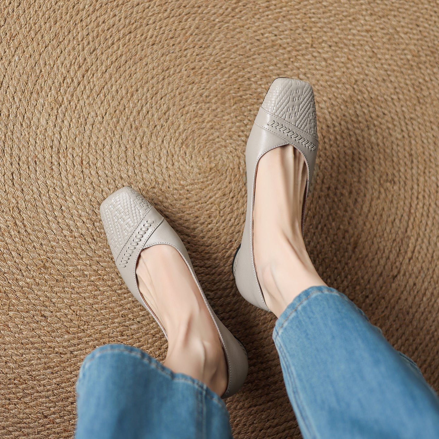 TinaCus Handmade Women's Genuine Leather Square Toe Stitching Chunky Heel Ballet Pump Shoes