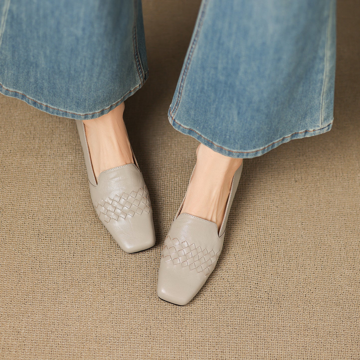 TinaCus Handmade Women's Genuine Leather Square Toe Woven Chunky Heel Slip-On Office Loafer Shoes