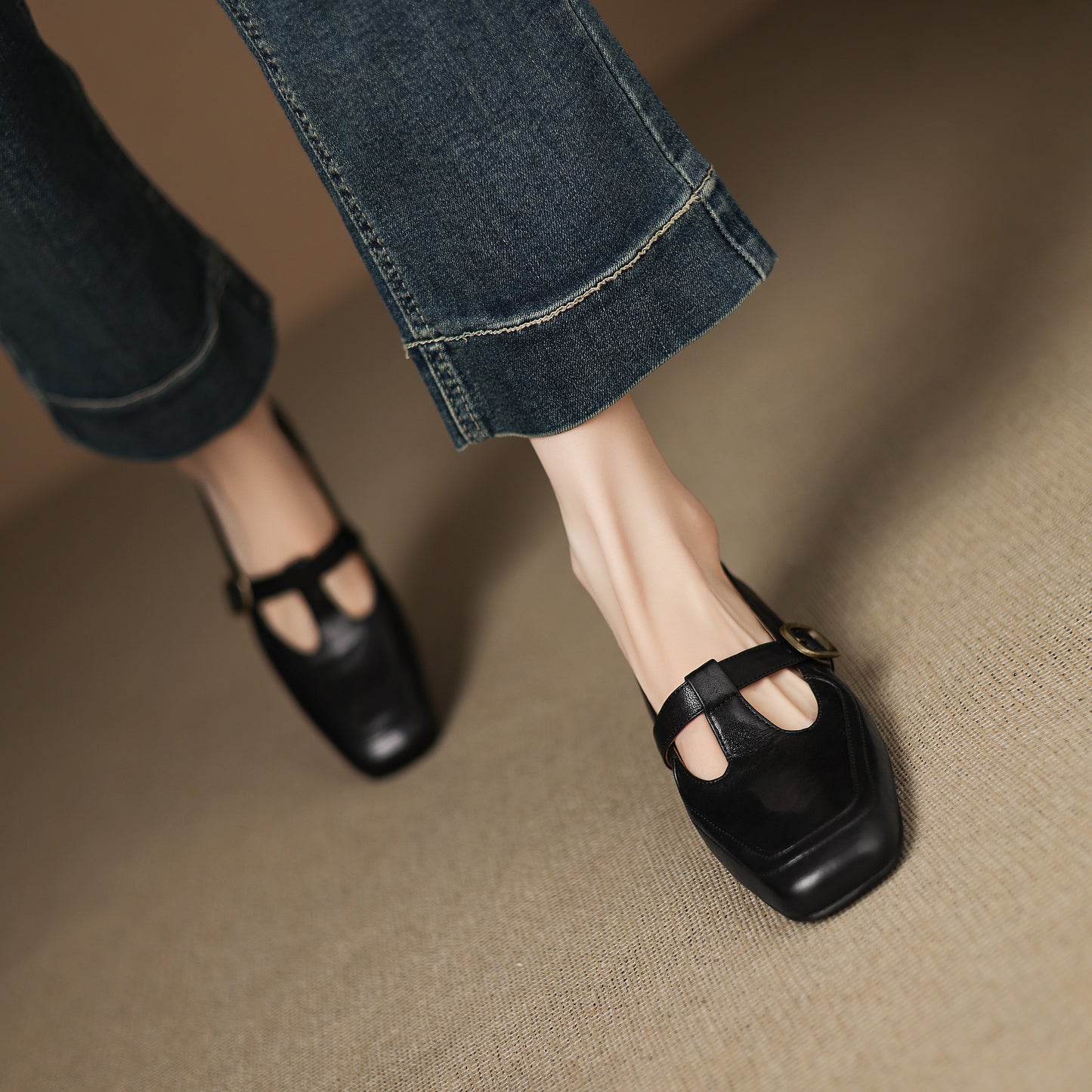 TinaCus Handmade Women's Genuine Leather Square Toe Slip On T-Strap Buckle Low Heel Office Loafer Shoes