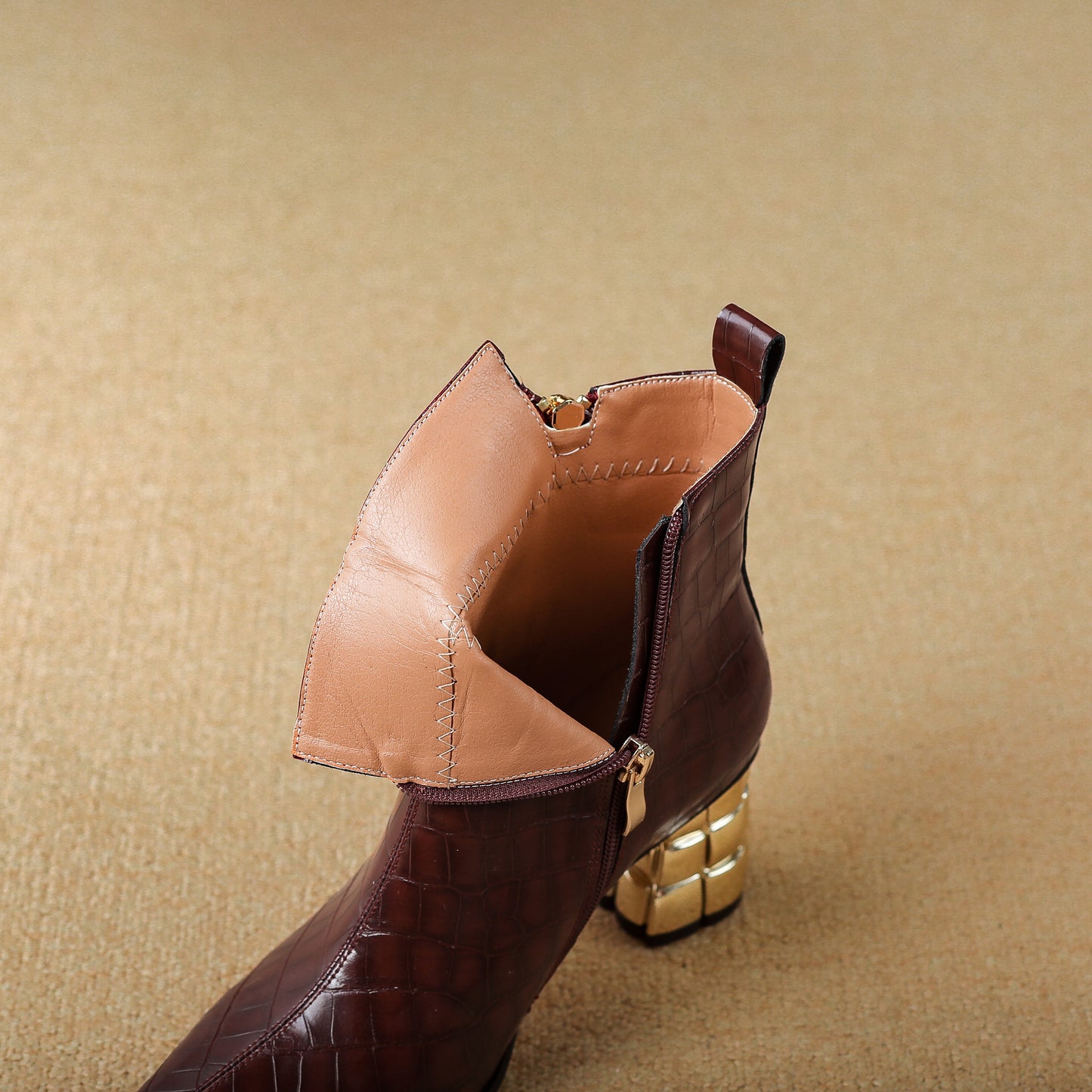 TinaCus Women's Pointed Toe Checkered Pattern Genuine Leather Handmade Zippers Mid Chunky Heels Ankle Boots