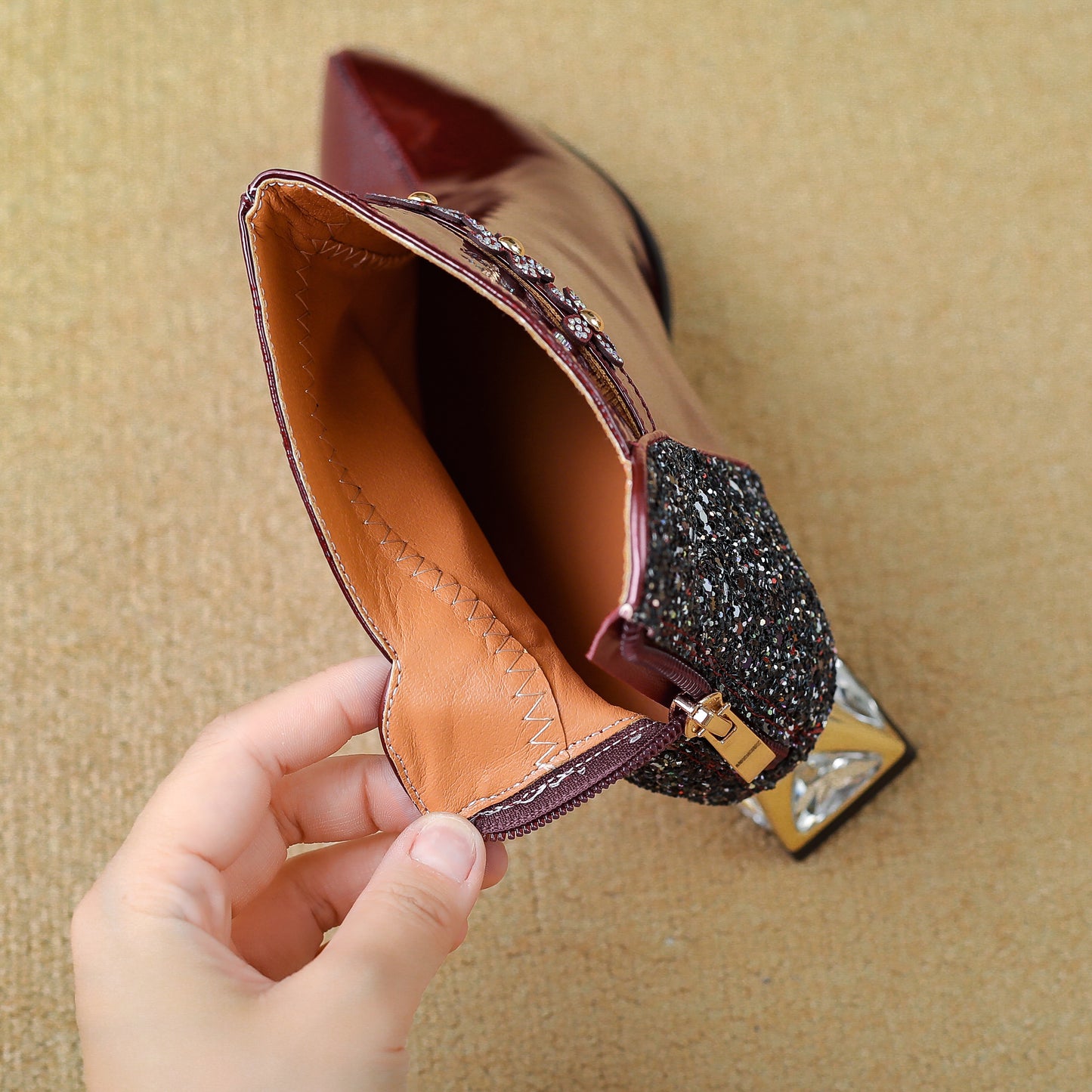 TinaCus Handmade Flowers Women's Ankle Boots Genuine Leather Pointed Toe Mid Heels Zip up Glittery Booties