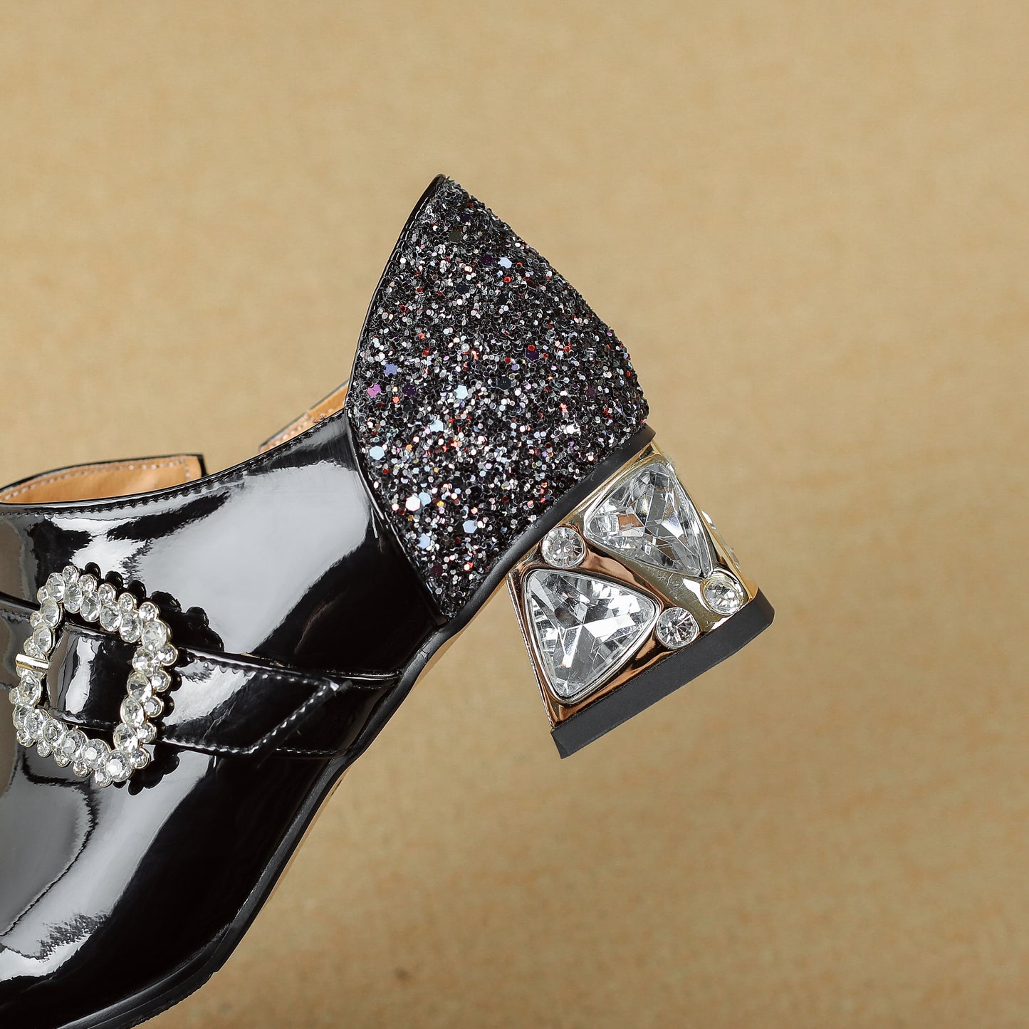 TinaCus Women's Pointed Toe Patent Leather Handmade Side Zipper Low Chunky Heels with Crystal