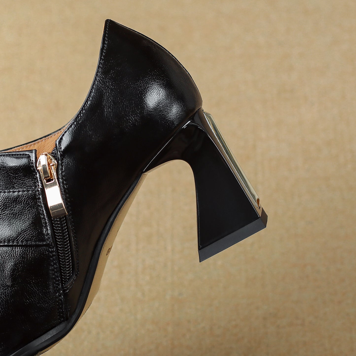 TinaCus Genuine Leather Handmade Pointed Toe Women's Mid Chunky Heels Zip up Pumps Shoes