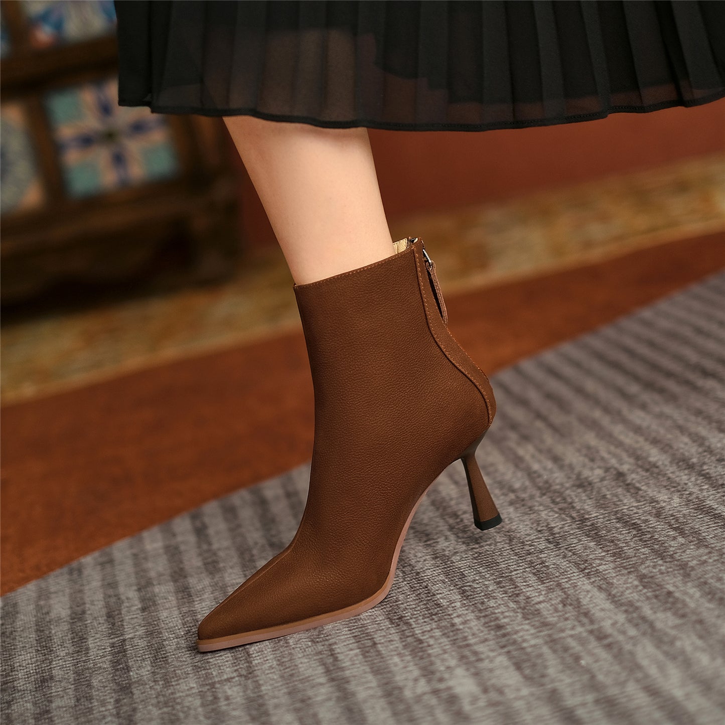 TinaCus Women's Genuine Leather Handmade Back Zip Up Pointed Toe Mid Stiletto Heel Ankle Booties