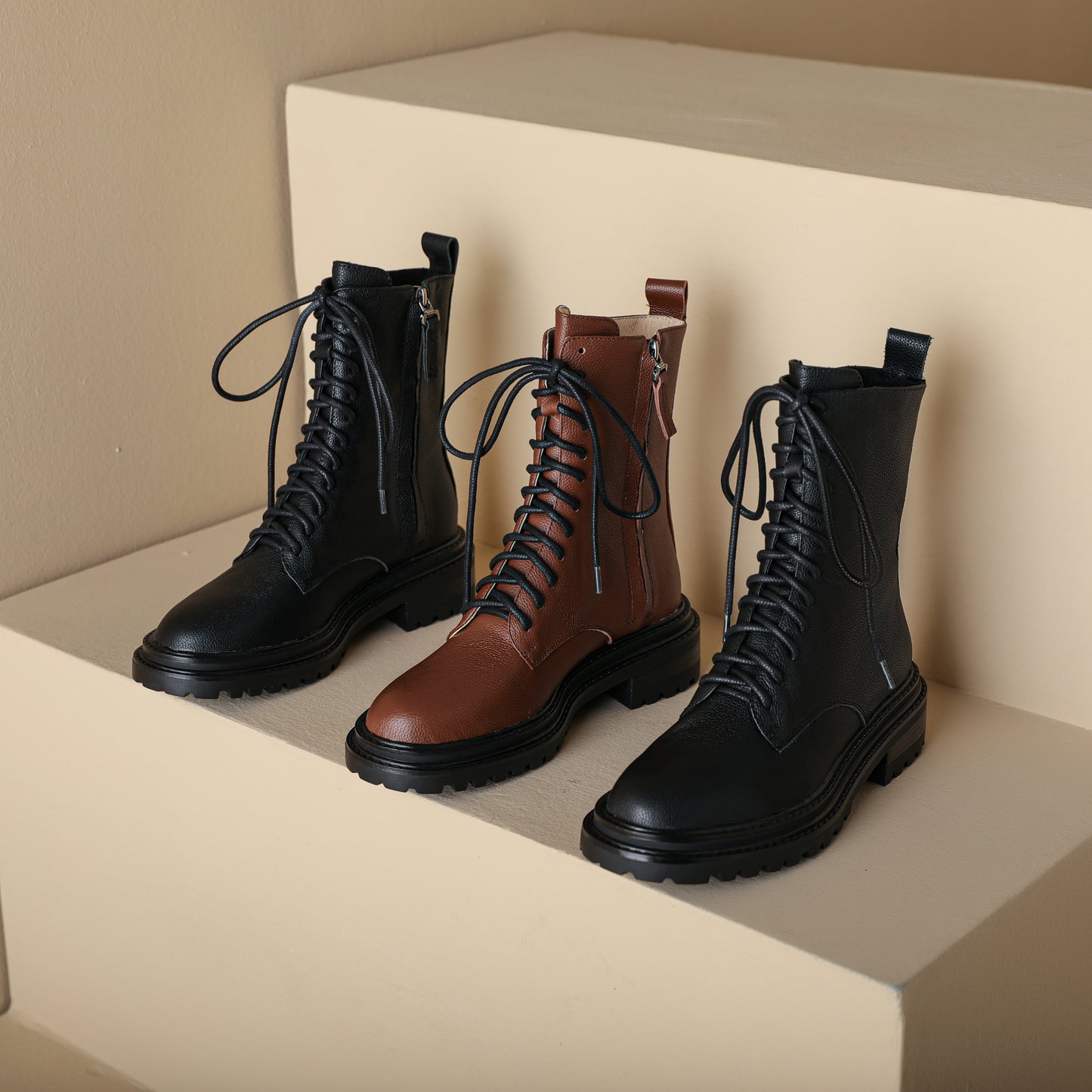 TinaCus Women's Handmade Genuine Leather Block Heel Selftie Side Zip Round Toe Mid Calf Boots