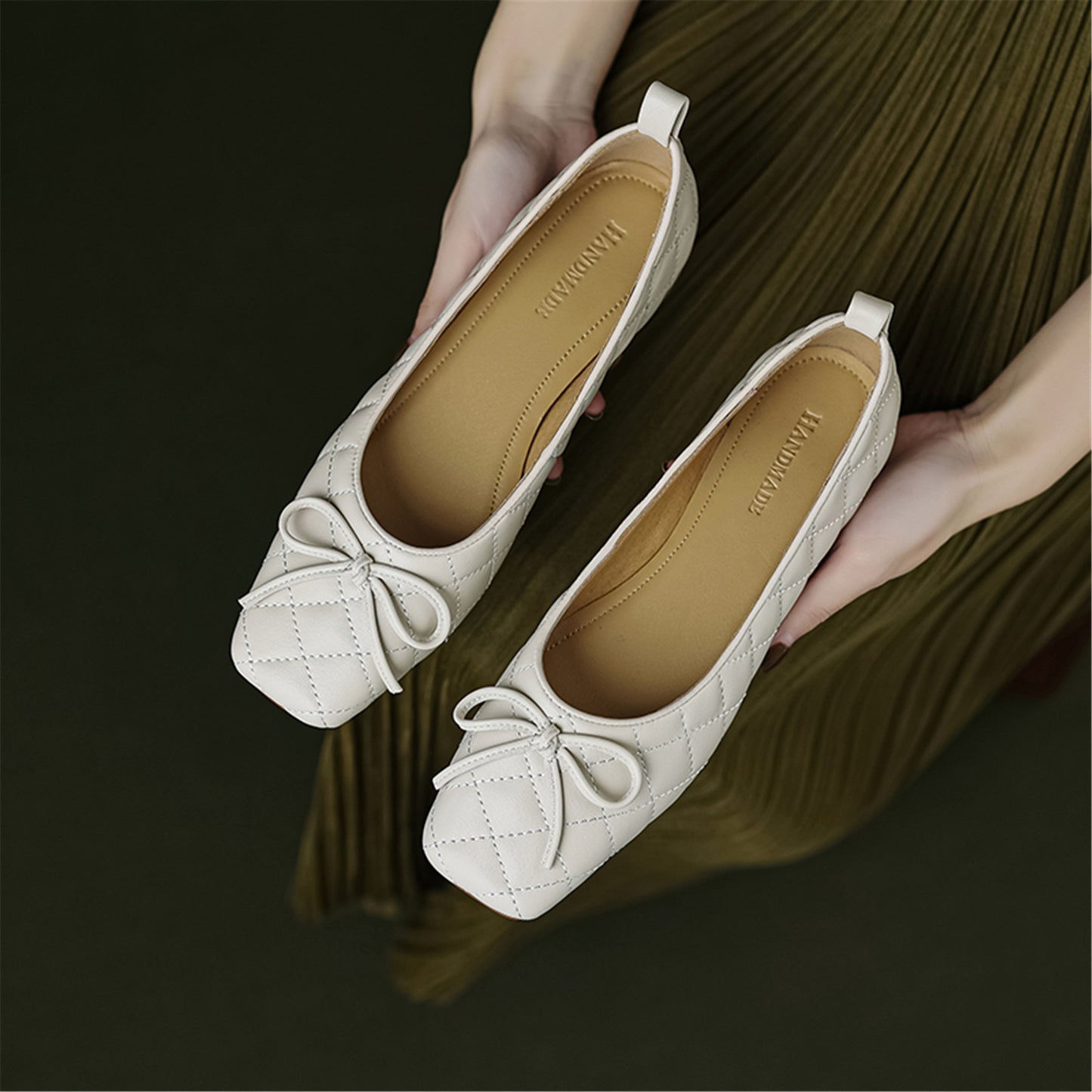 TinaCus Damen-Schuhe, handgefertigt, echtes Leder, quadratische Zehenpartie, flache Schleife