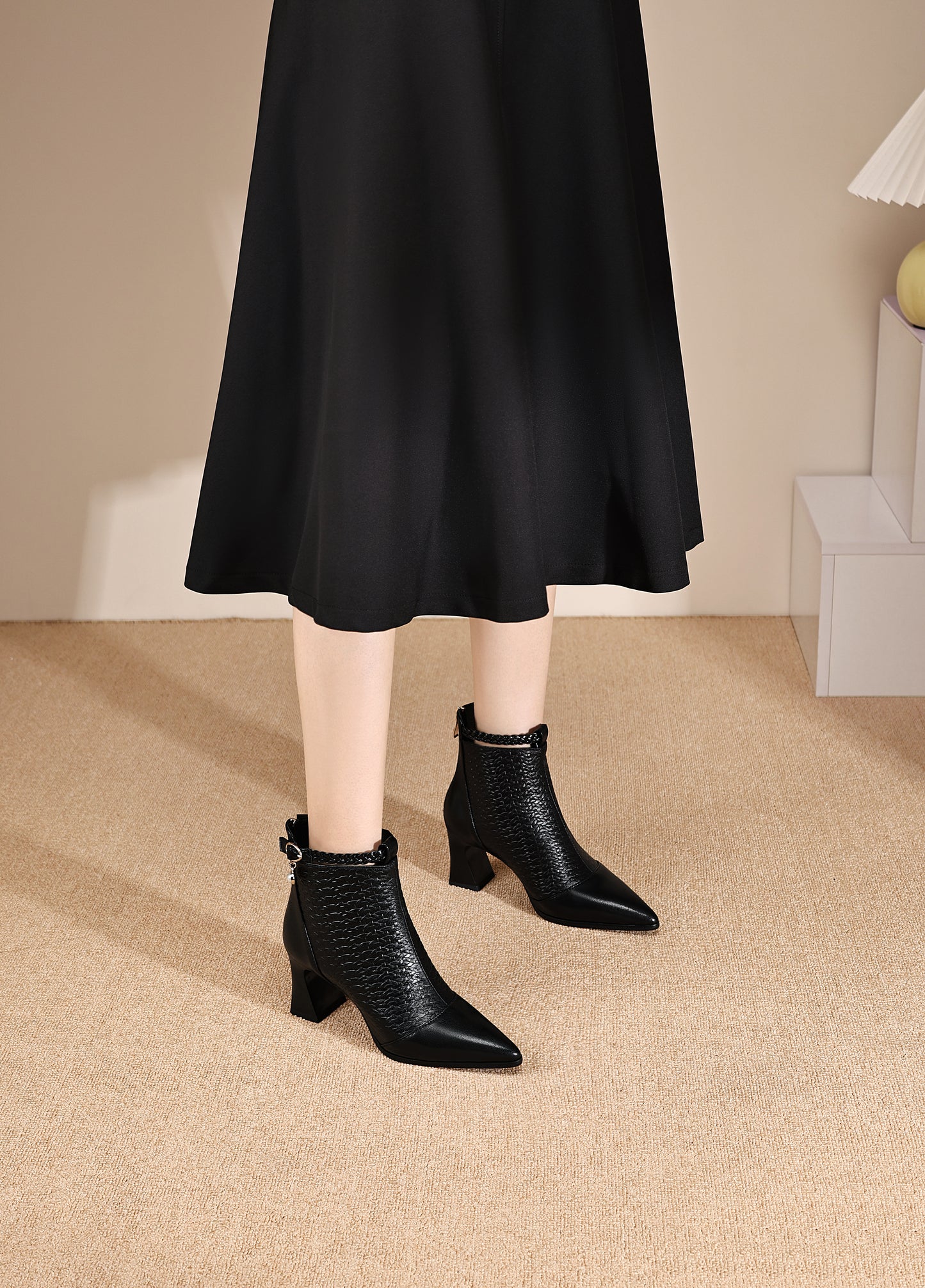 TinaCus Women's Genuine Leather Handmade Embossed Ankle Pendant Pointed Toe Spool Low Heel Ankle Booties