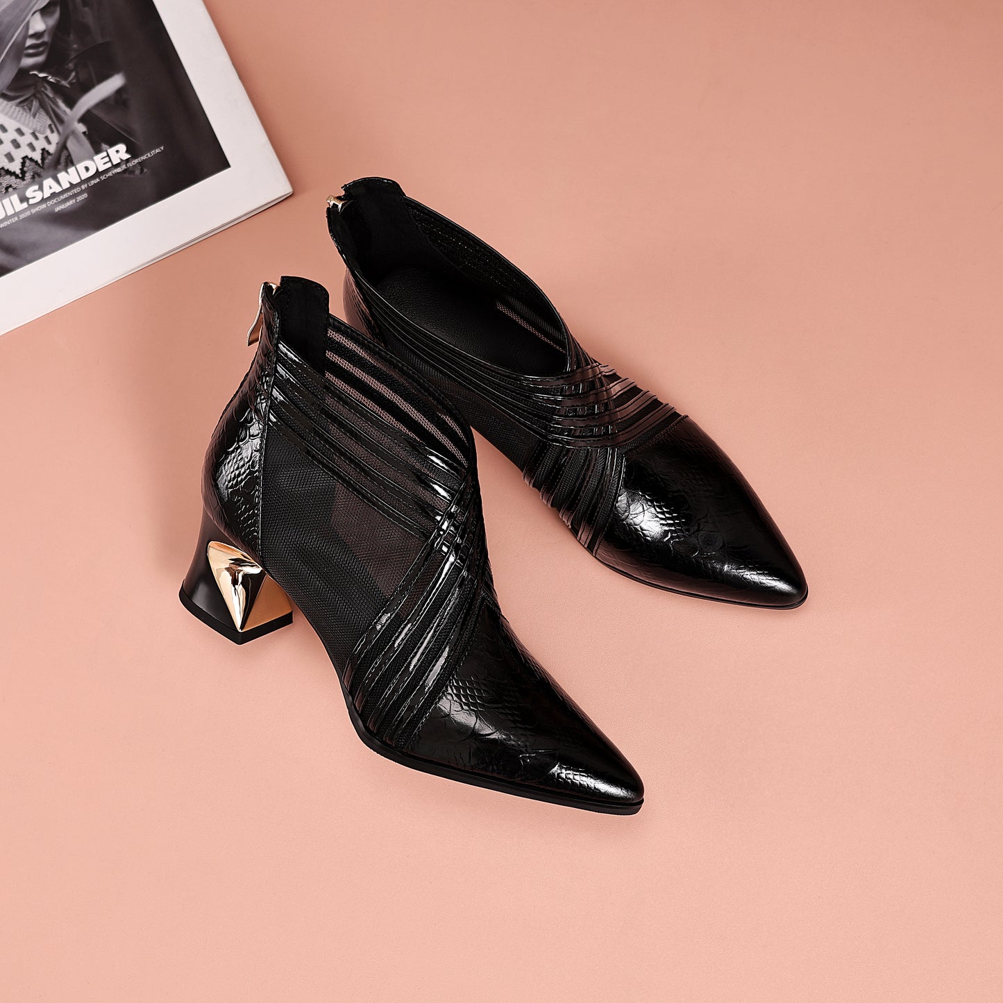 TinaCus Women's Mesh Boots Genuine Leather Handmade Pointed Toe Chunky Heel Back Zipper Summer Booties