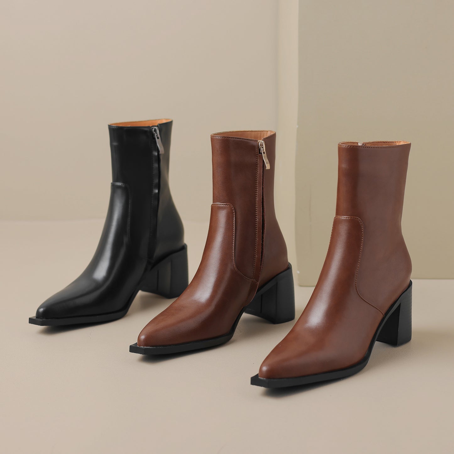 TinaCus Women's Pointed Toe Genuine Leather Handmade Chunky Heel Zip Up Mid Calf Boots