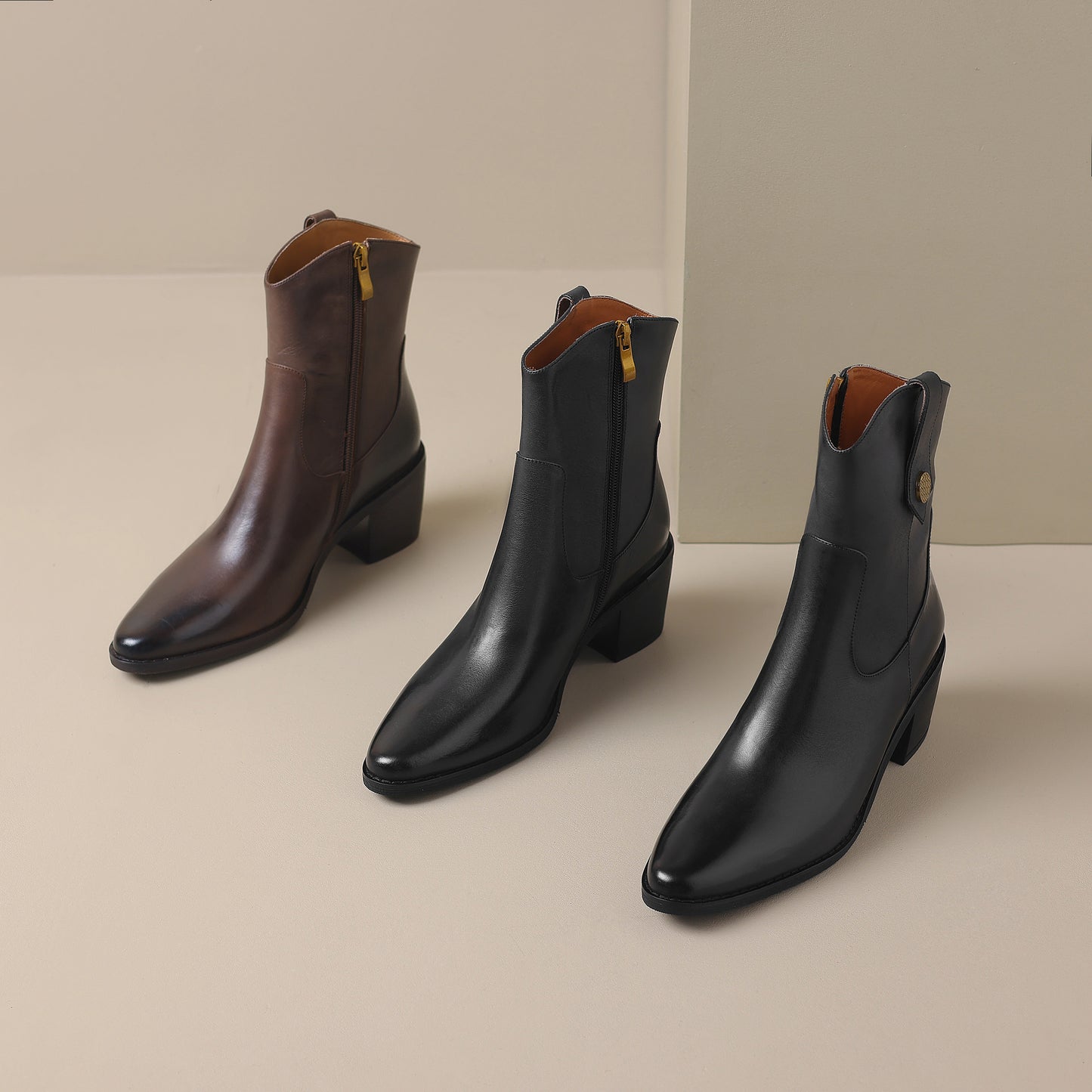 TinaCus Women's Genuine Leather Handmade Mid Heel Side Zip Up Pointed Toe Western Boots