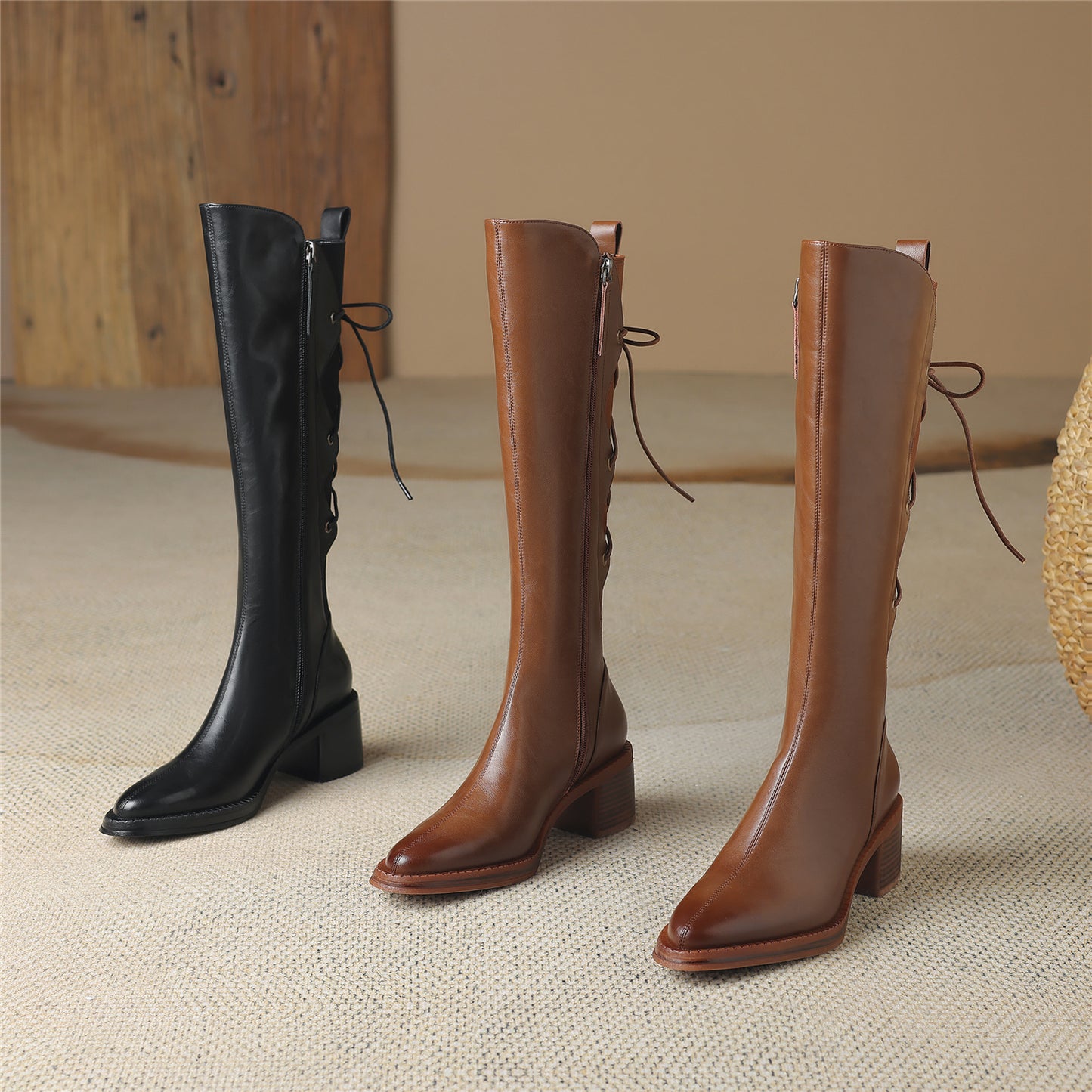 TinaCus Genuine Leather Women's Band Design Pointed Toe Handmade Chunky Heel Zip Up Knee High Boots