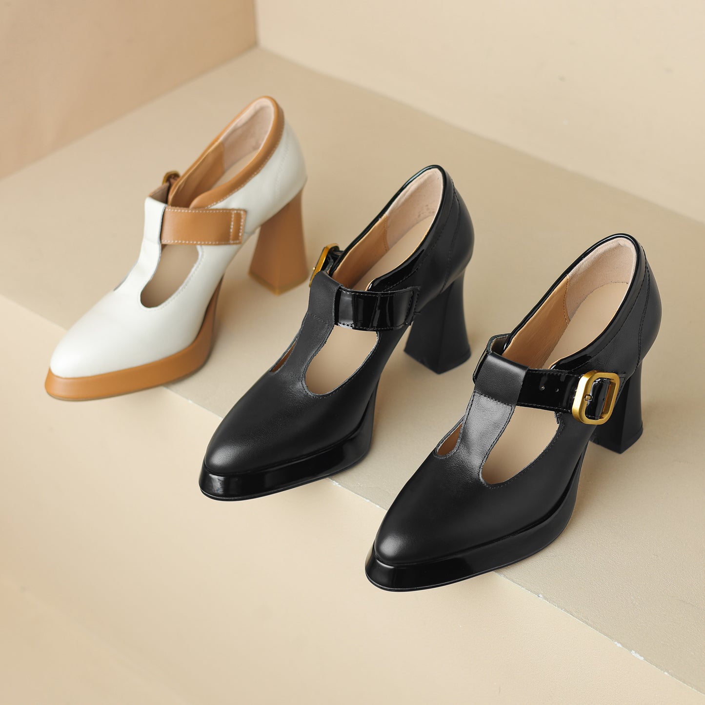 TinaCus Handmade Women's Genuine Leather Platform High Heel Pointed Toe Buckle Pumps Shoes