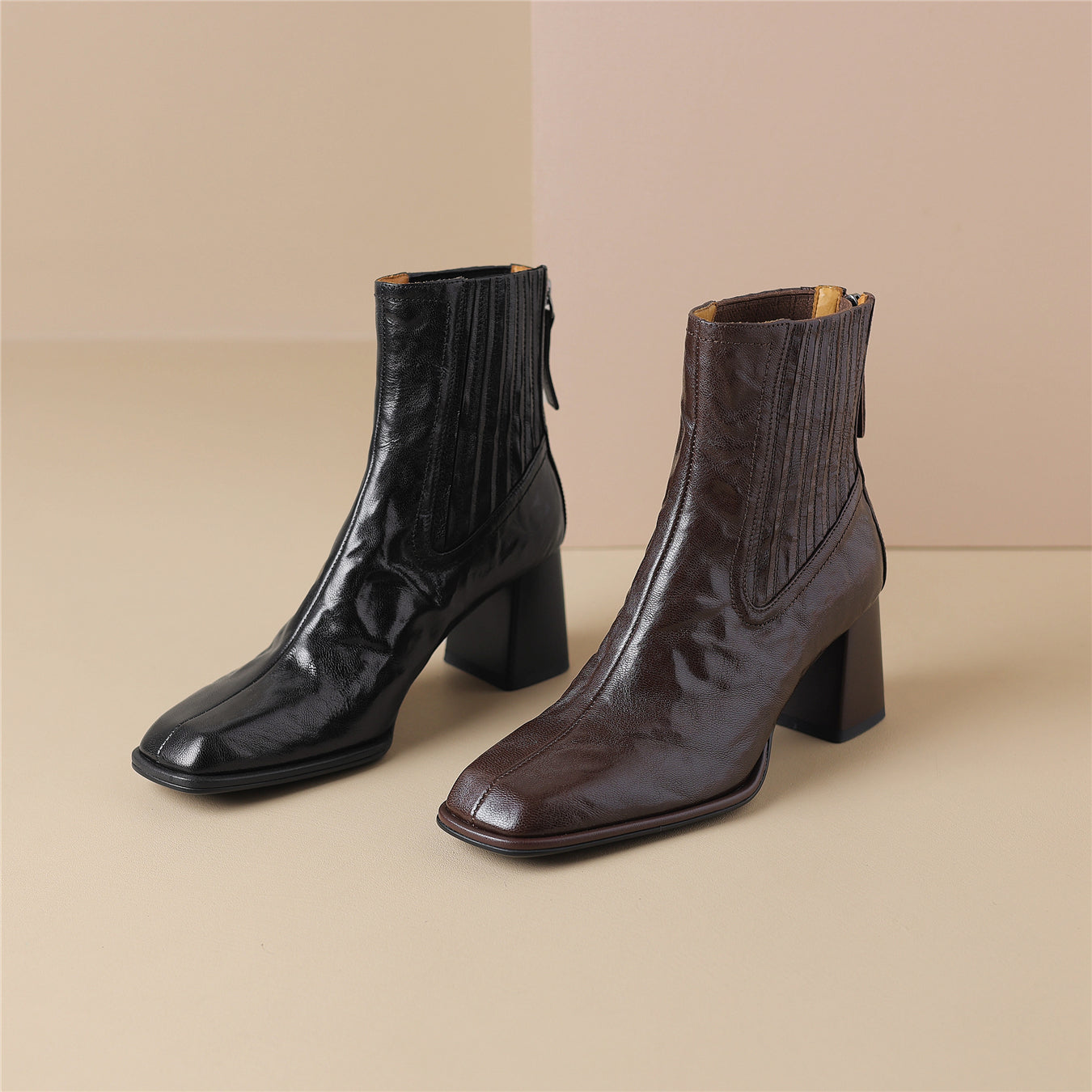 TinaCus Handgefertigte Damen-Stiefeletten aus echtem Leder mit quadratischer Zehenpartie und Blockabsatz sowie Reißverschluss hinten