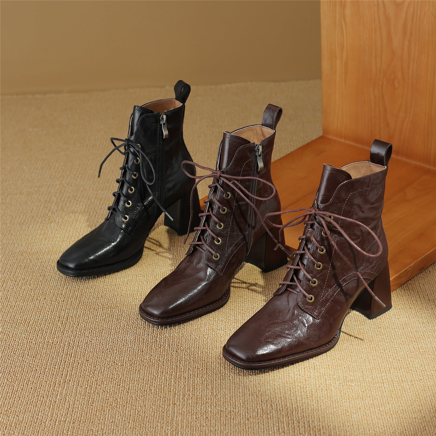 TinaCus Women's Genuine Leather Lace Up Side Zip Square Toe Handmade Chunky Heel Ankle Boots