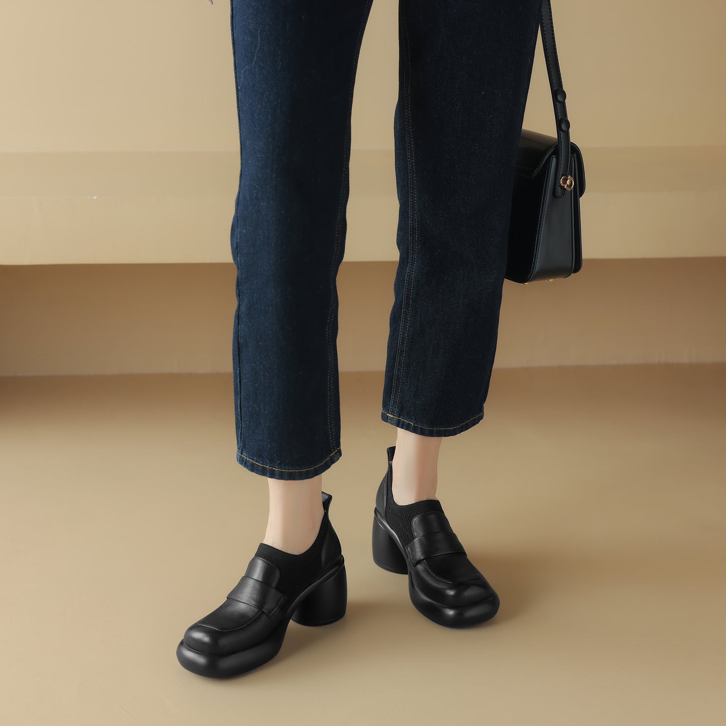 TinaCus Women's Handmade Chunky Heel Genuine Leather Round Toe Pumps Shoes