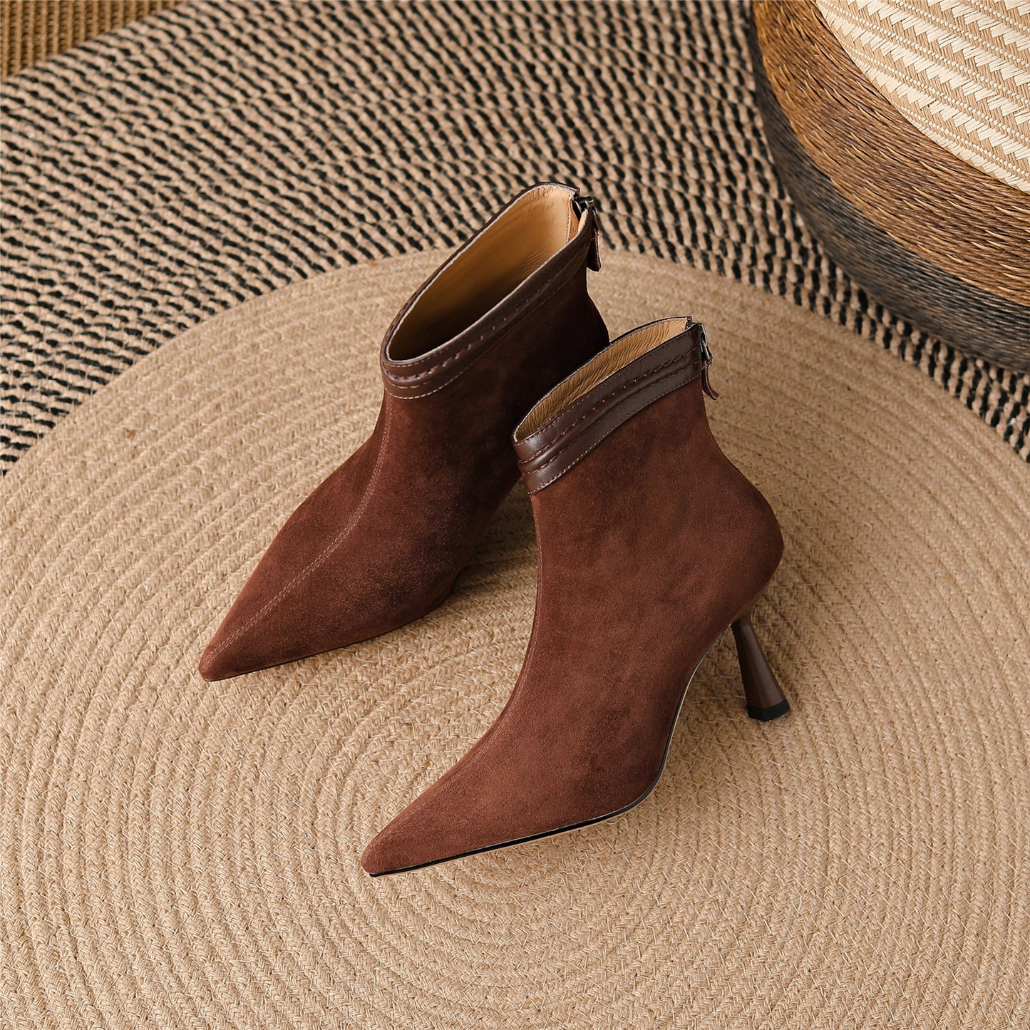 TinaCus Handmade Women's Suede Leather Slip On Pointed Toe High Kittened Heel Back Zipper Ankle Boots