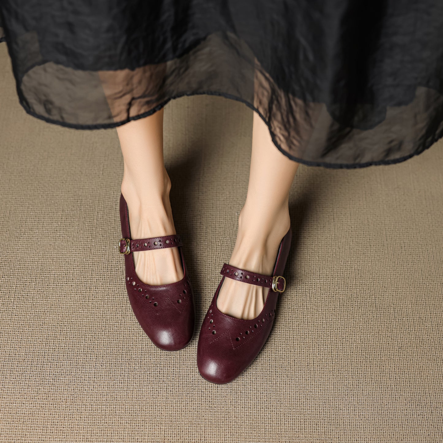 TinaCus Handmade Women's Genuine Leather Round Toe Perforated Ballet Flats with Adjustable Buckle