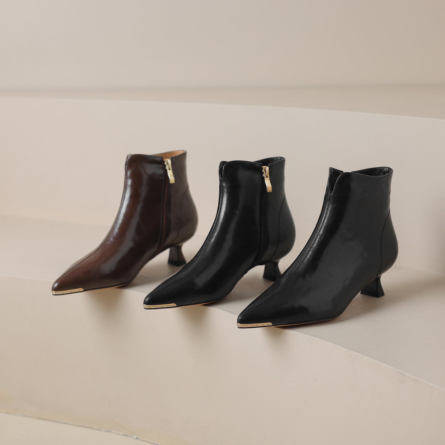 TinaCus Women's Genuine Leather Pointed Toe Handmade Kitten Heel Side Zip Up Ankle Boots