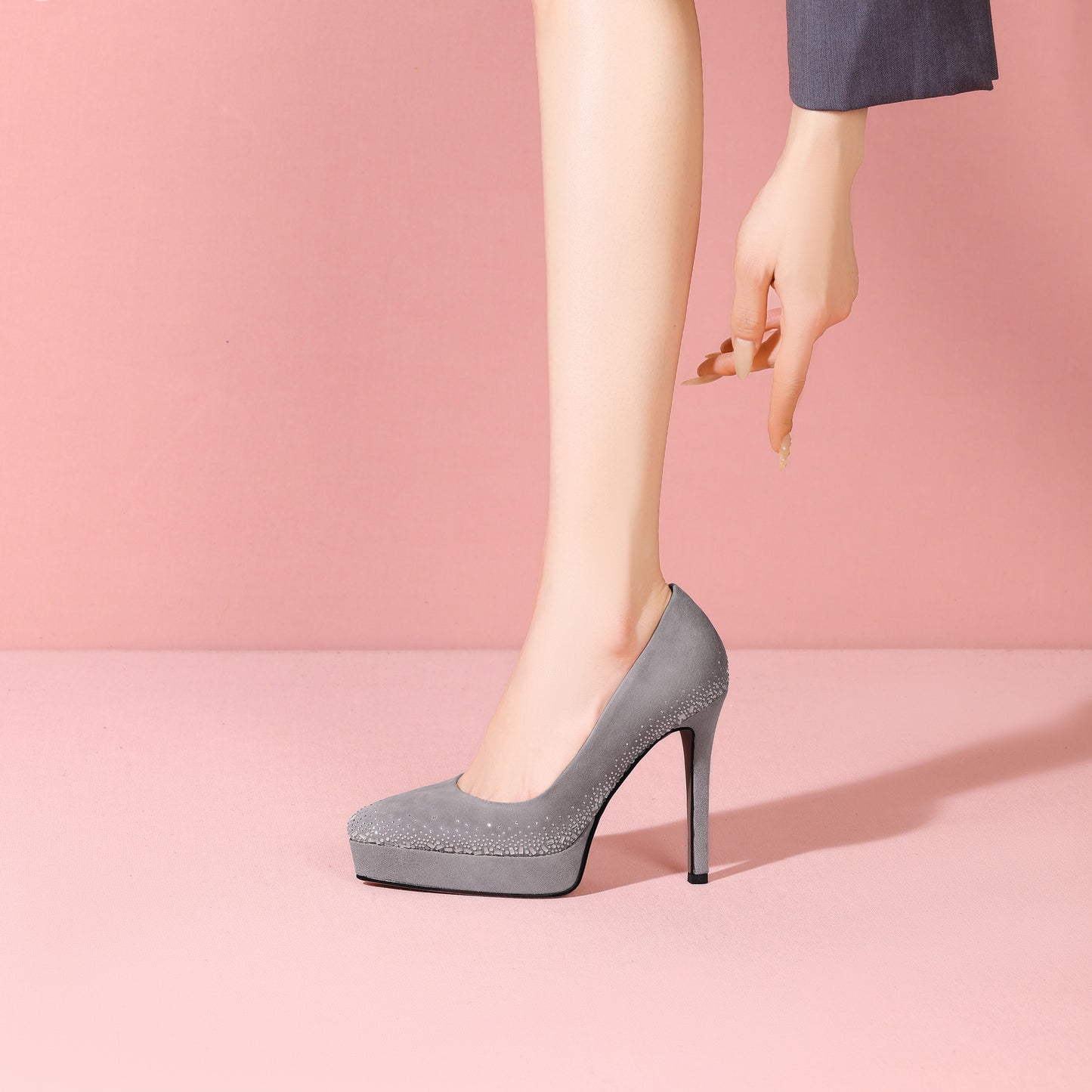 TinaCus Women's Platform Pumps Handmade Suede Leather Pointded Toe Rhinestones Stiletto Heels Wedding Party