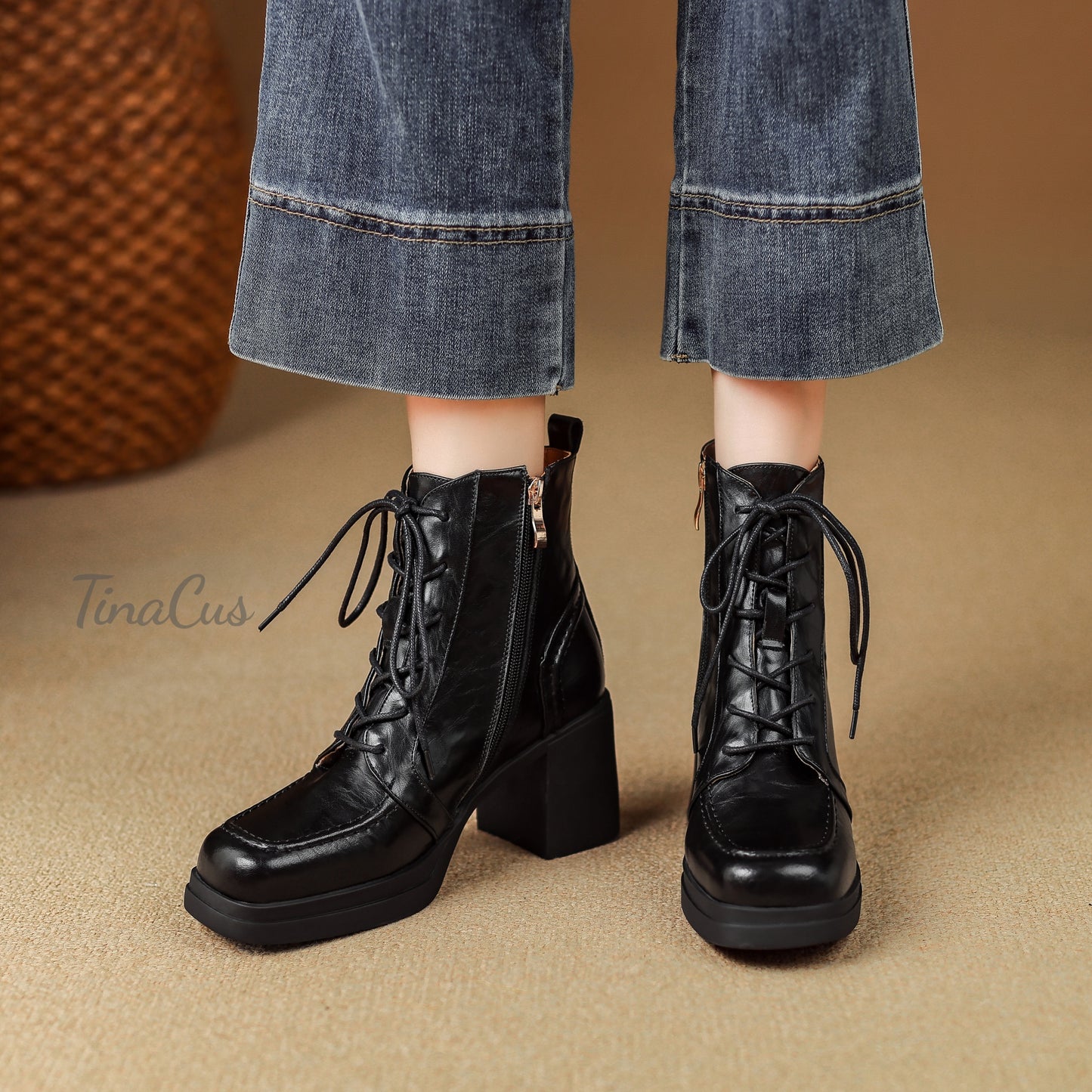 TinaCus Genuine Leather Platform Chunky Heels Ankle Boots Handmade Zipper & Selftie Women's Square Toe Booties