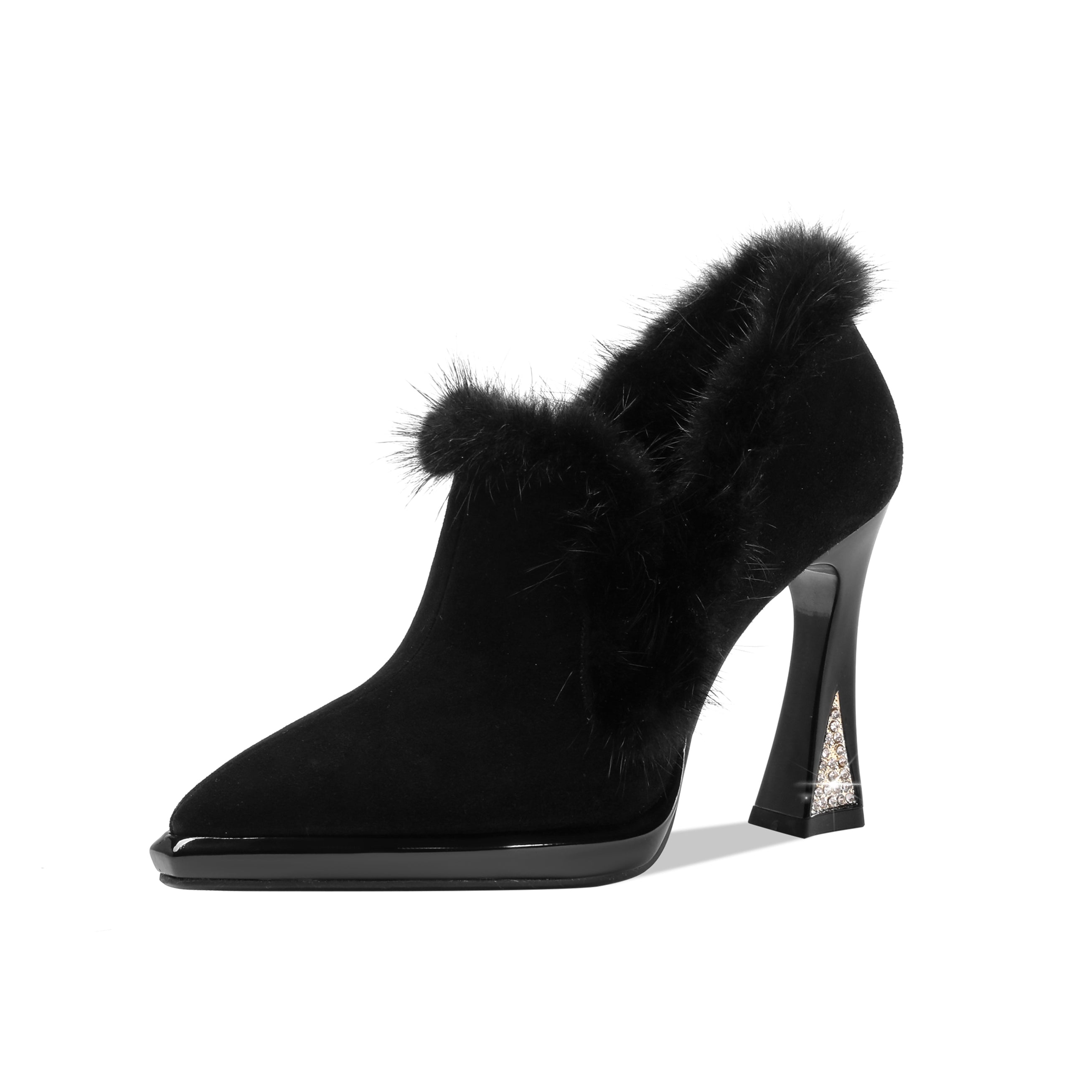 TinaCus Women's Handmade Leather & Fur Oxford Pumps - Pointed Toe, Side Zip, Green Crystal Decor, Black, Size 8.5