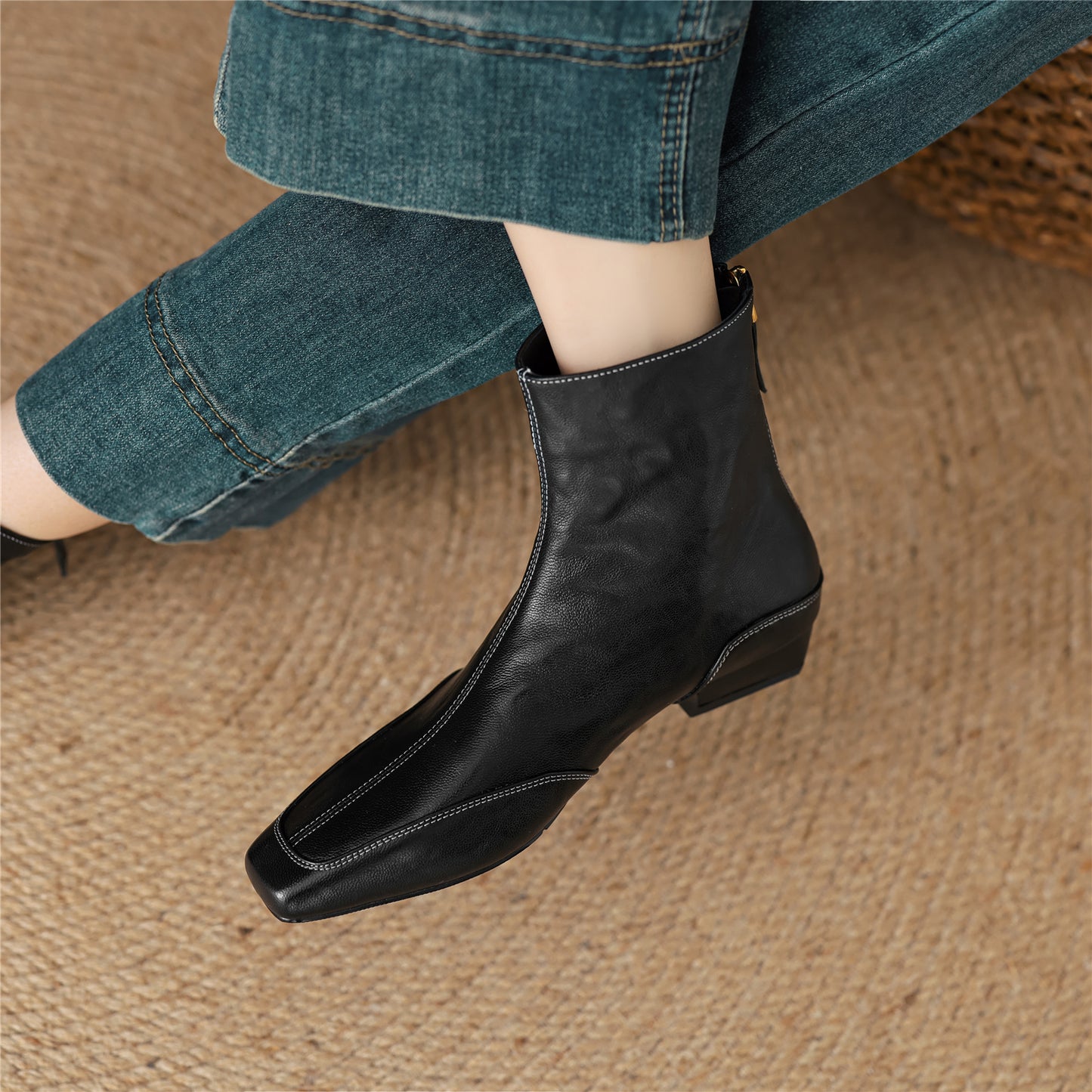 TinaCus Damen-Stiefeletten aus echtem Leder, handgefertigt, Blockabsatz, Reißverschluss, quadratische Zehenpartie