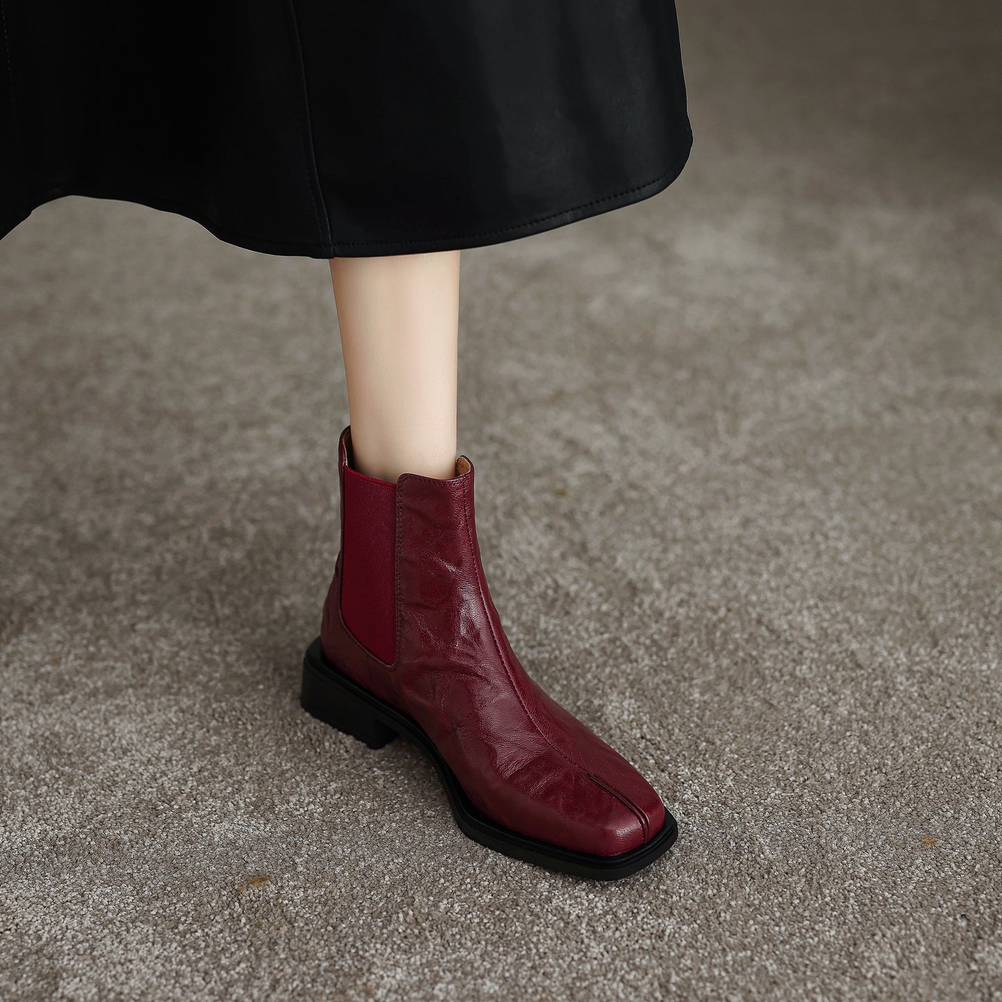 TinaCus Women's Chelsea Booties Handmade Genuine Leather Elastic Panel Square Toe Chunky Heel