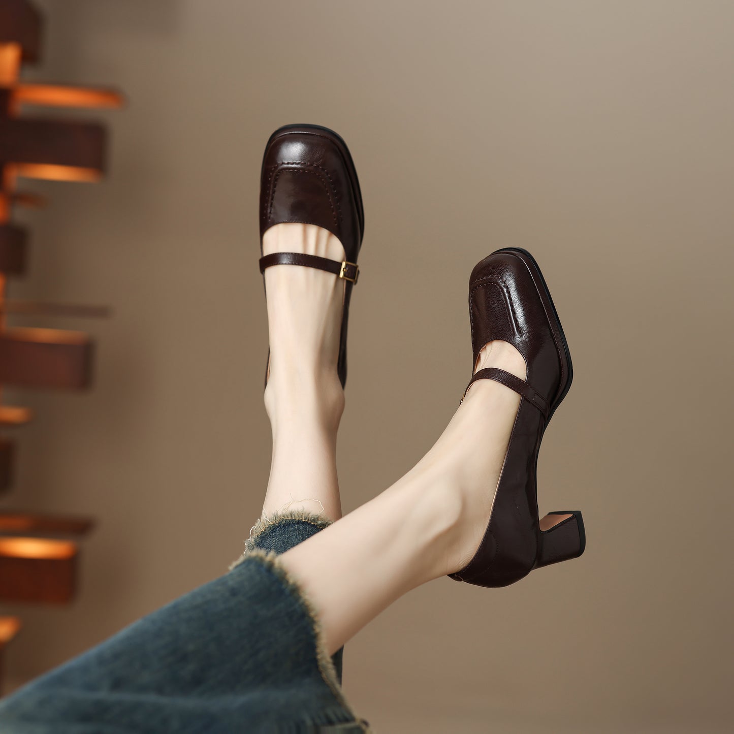 TinaCus Handmade Women's Genuine Leather Square Toe Mid Block Heel Mary Jane Shoes