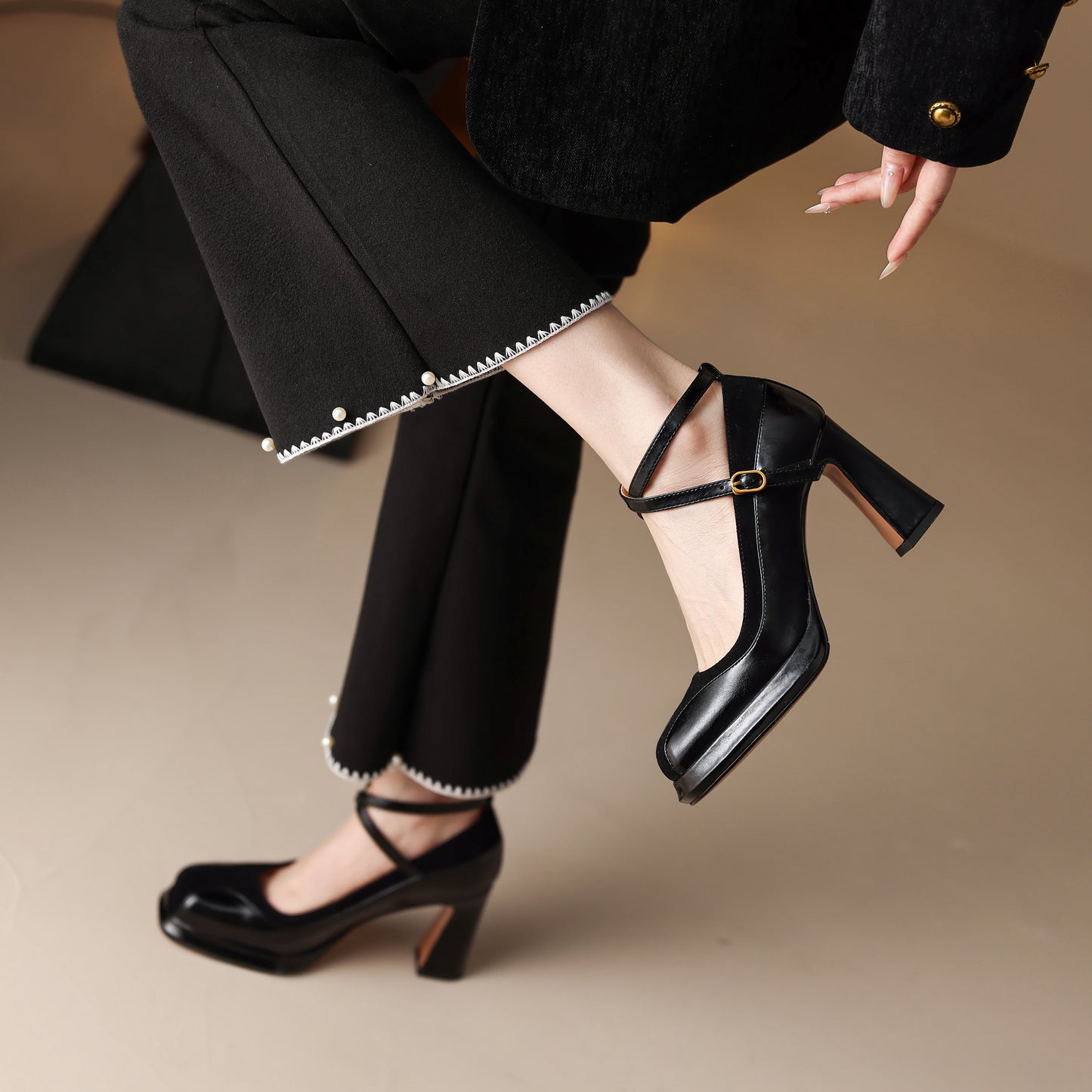 TinaCus Handmade Women's Genuine Leather Ankle Strap Patchwork Square Toe Pumps