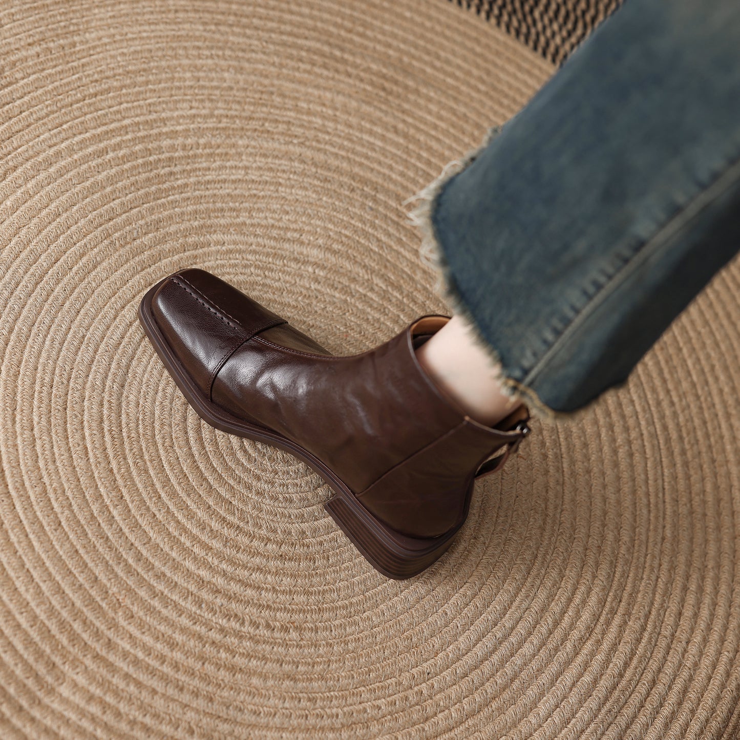 TinaCus Women's Ankle Booties Handmade Genuine Leather Back Zipper Square Toe Stacked Heel Dress Casual