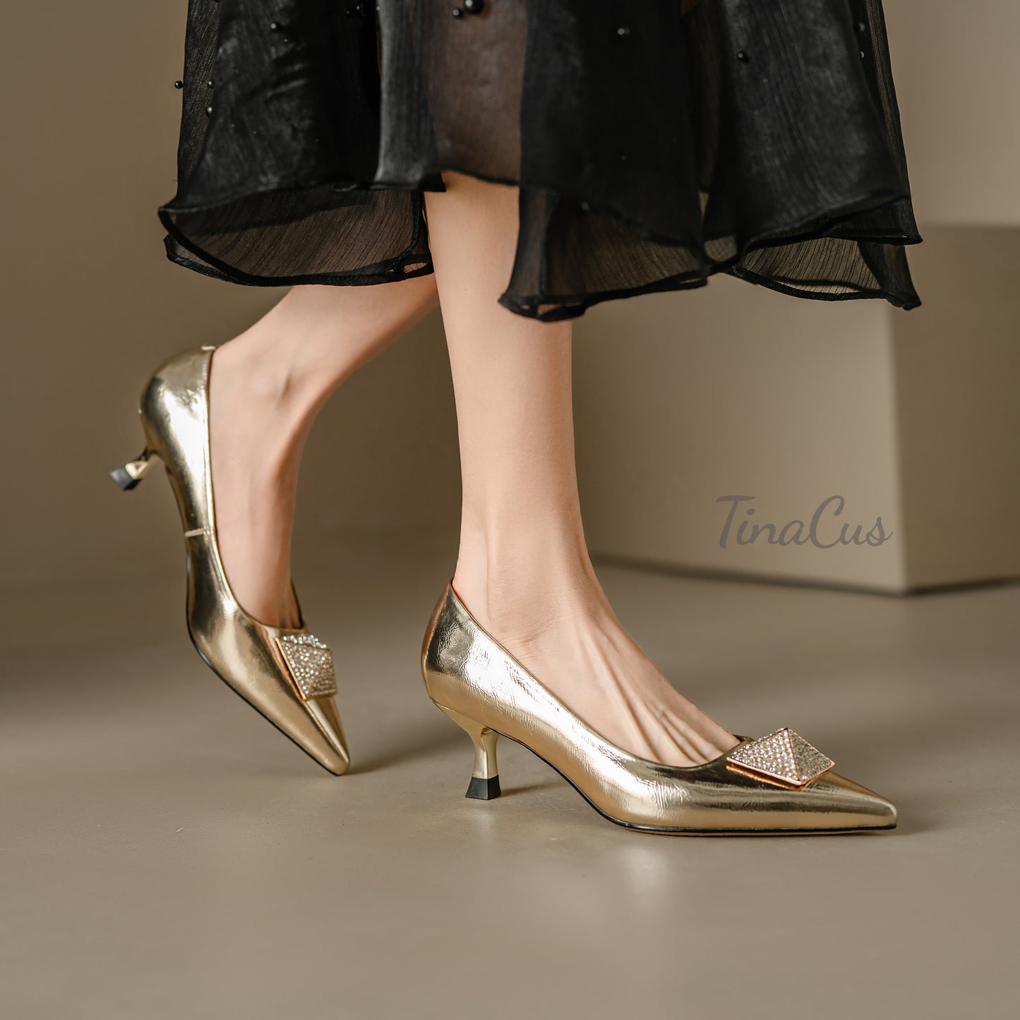 TinaCus Genuine Leather Women's Pointed Toe Handmade Kitten Heels Slip On Dress Pumps Shoes