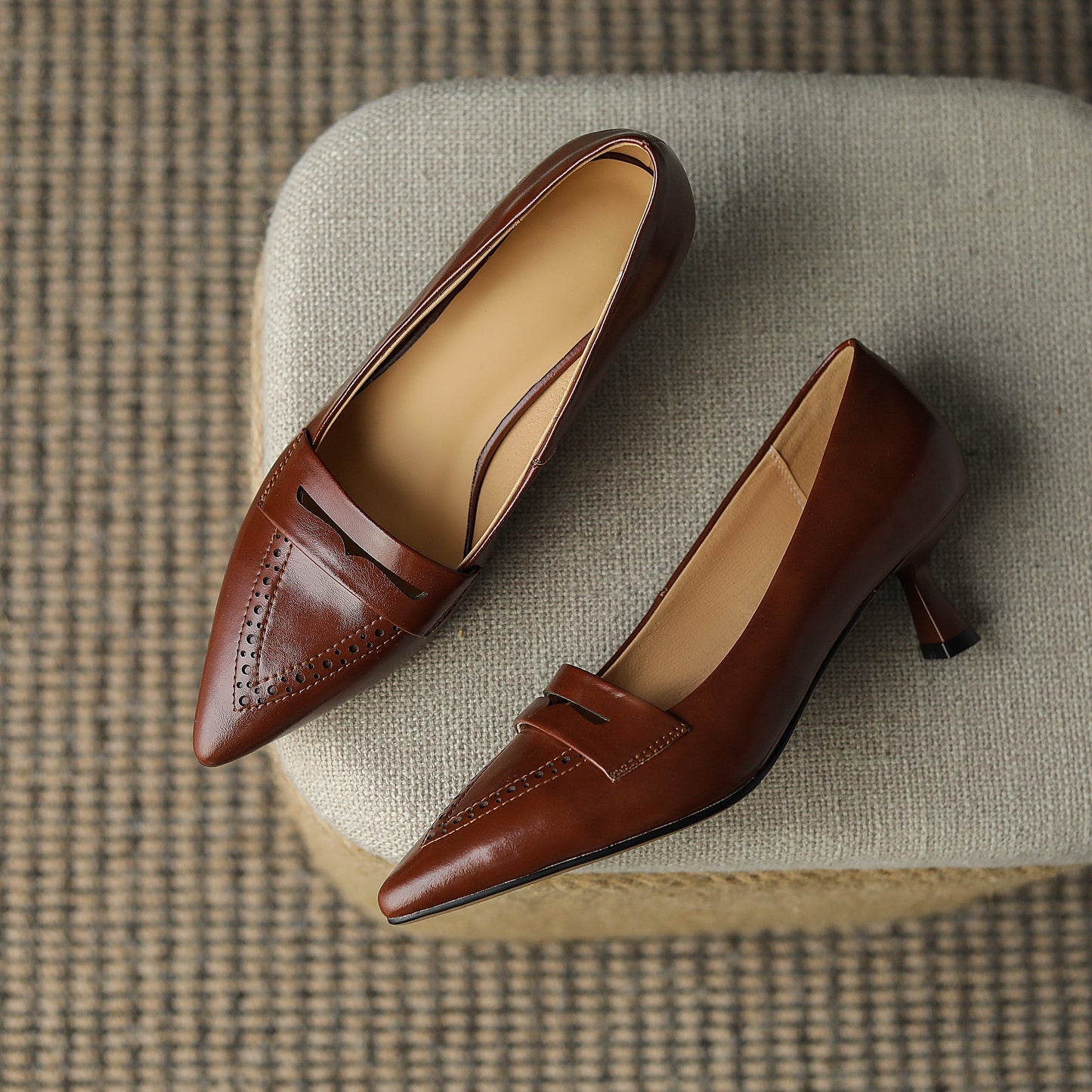 TinaCus Women's Genuine Leather Handmade Pointed Toe Slip On Mid Kitten Heel Office Loafers Pumps Shoes