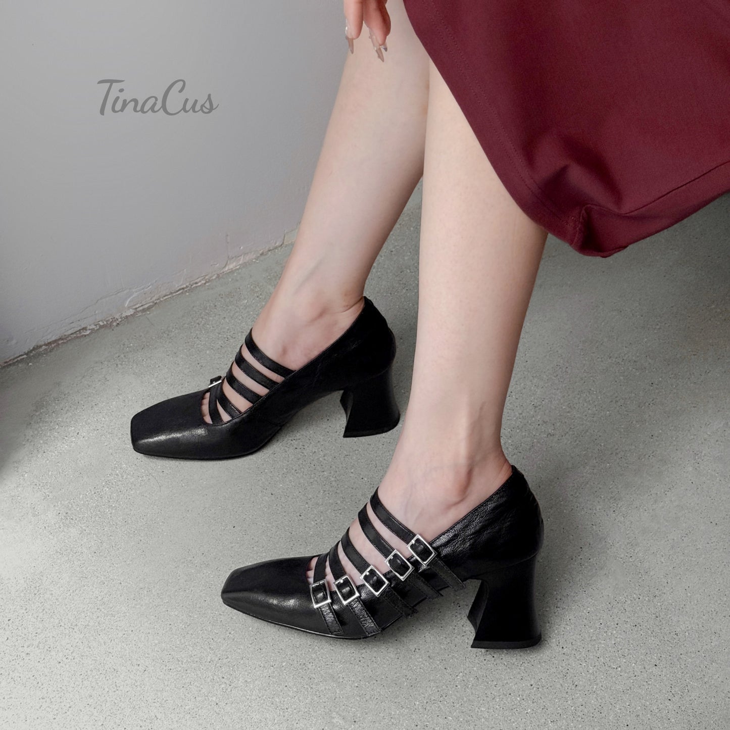 TinaCus Women's Square Toe Handmade Buckles Mid Chunky Heels Genuine Leather Chic Pumps Shoes