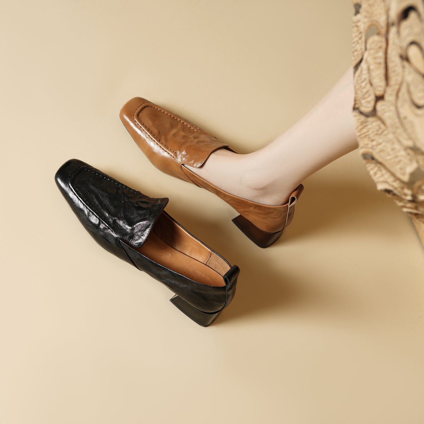 TinaCus Handmade Genuine Leather Women's Square Toe Chunky Heel Slip On Pumps
