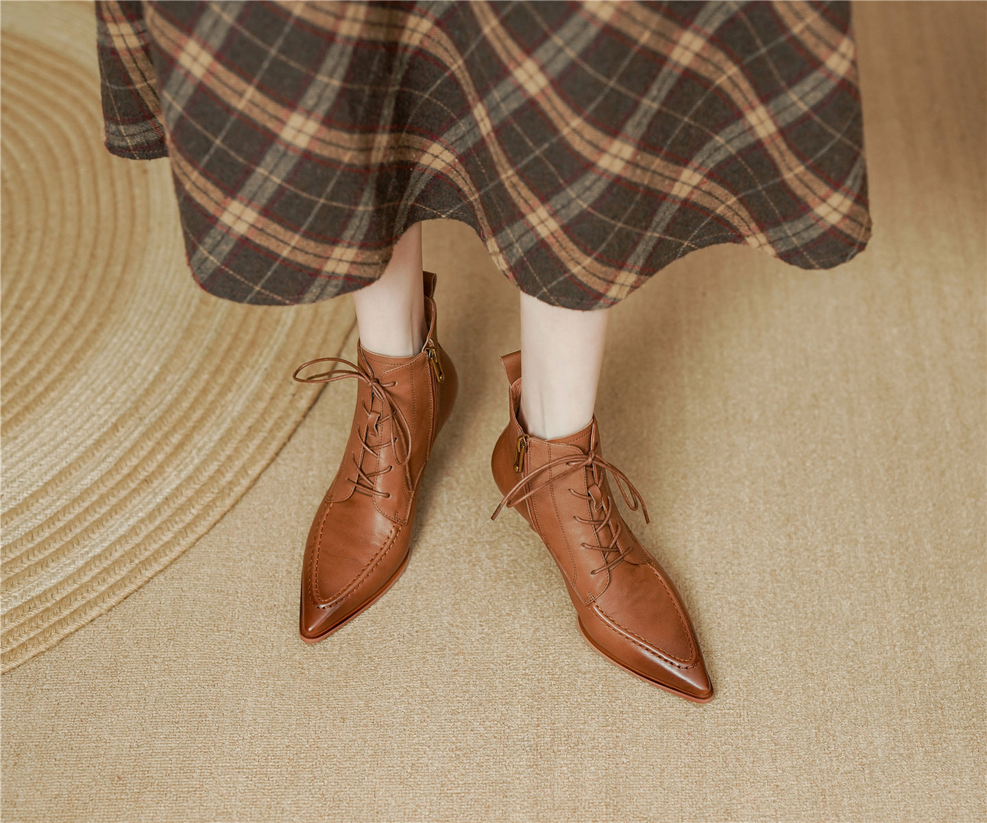 TinaCus Handmade Women's Genuine Leather Sewing Front Lace Up Side Zipper Slip On Mid Kitten Heel Ankle Boots