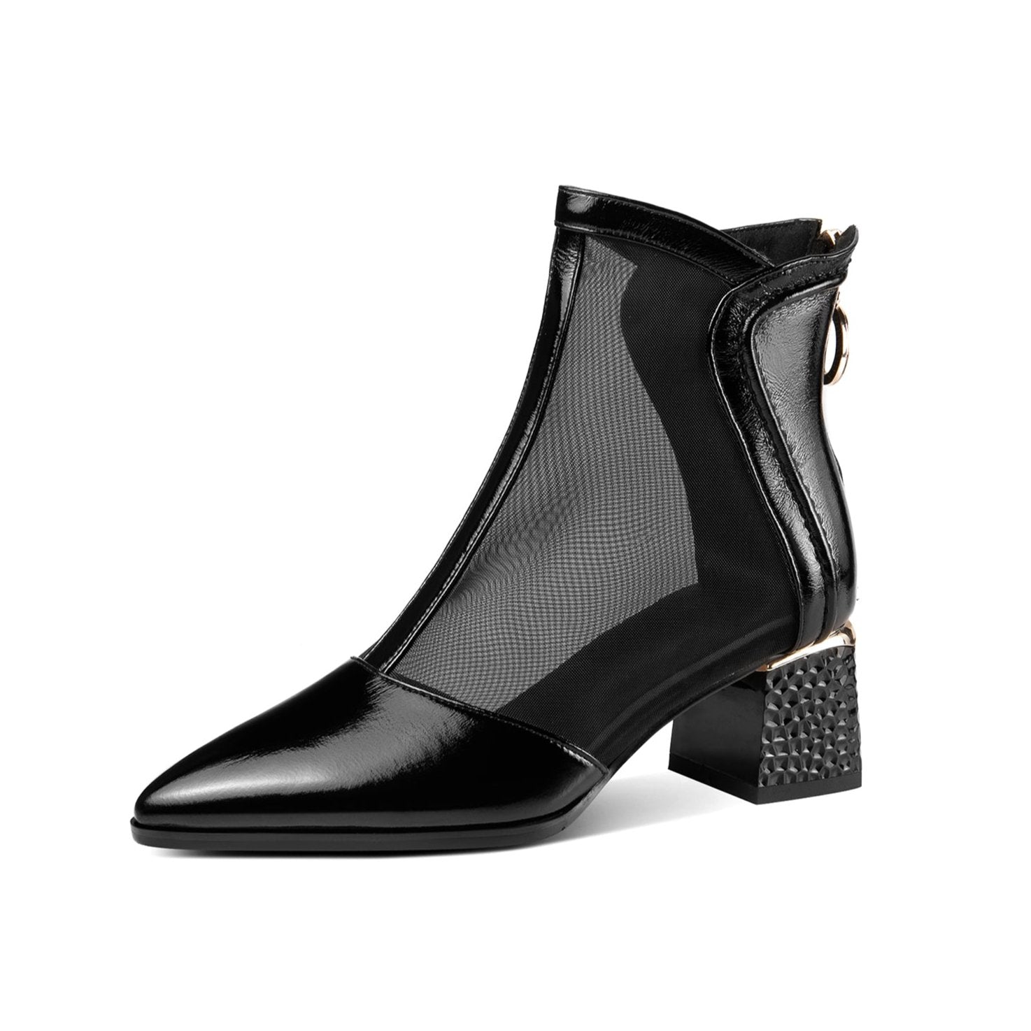 Women's Chunky Heel Ankle Boots - Handmade Patent Leather Side Zip Booties With Bow Detail
