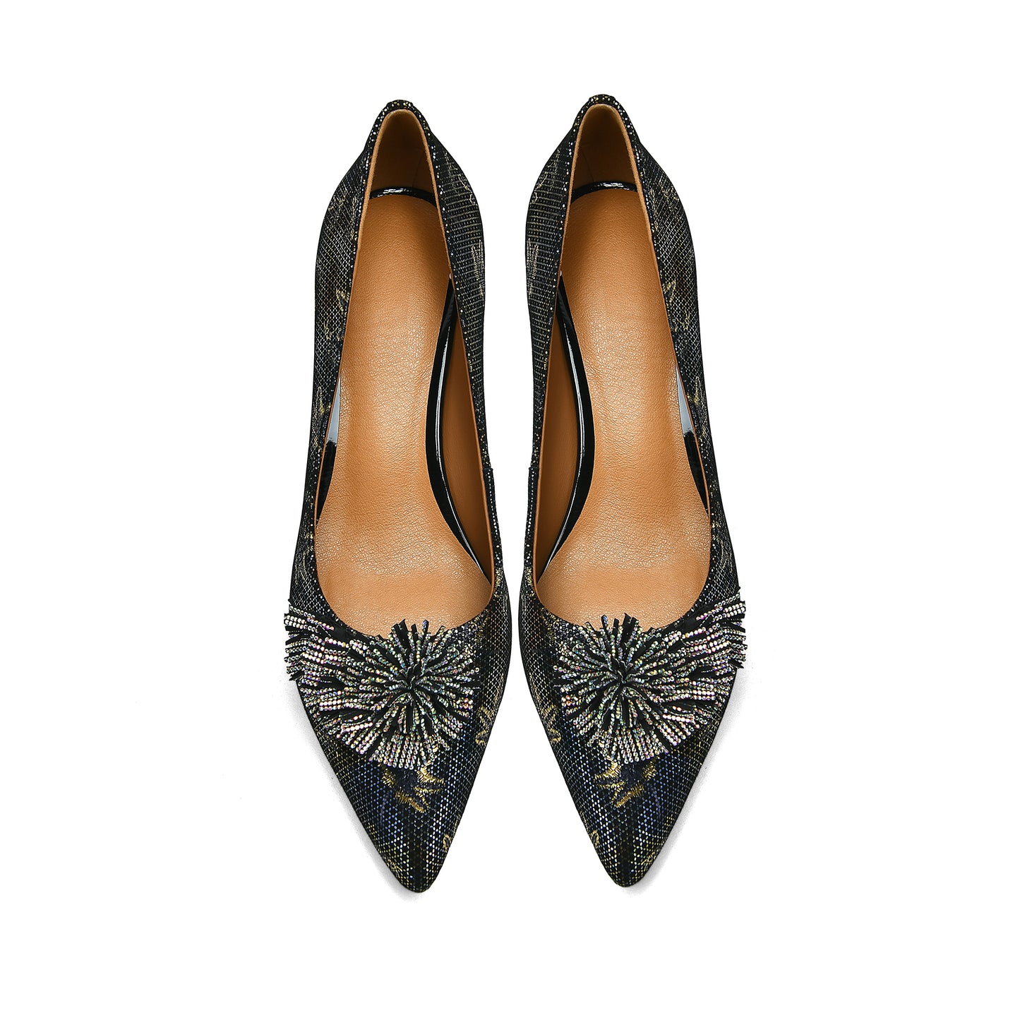 TinaCus Handmade Women's Genuine Leather Pointed Toe Modern Buckle Slip On Gold Heel Pumps