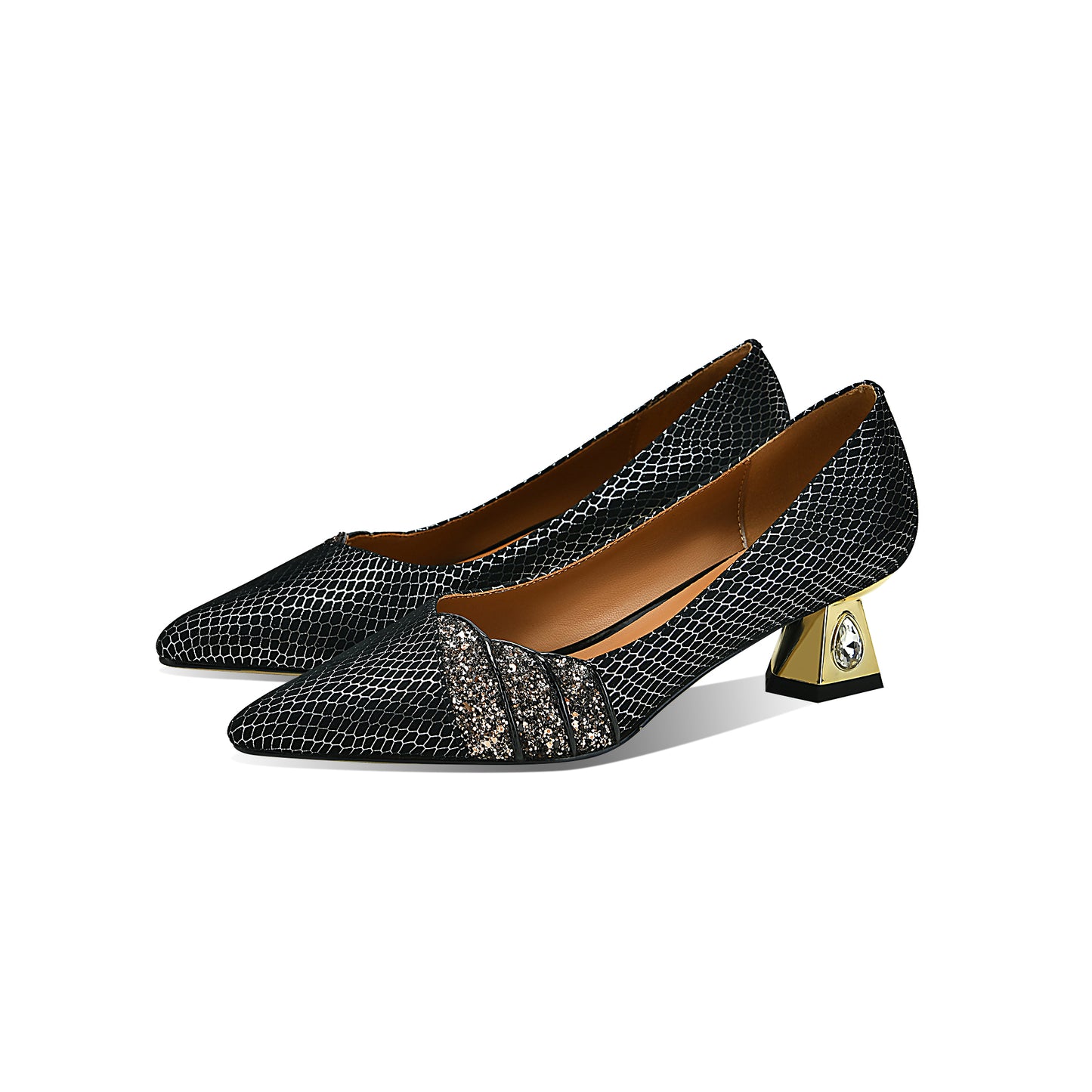 TinaCus Handgefertigte Damen-Pumps aus echtem Leder, spitze Zehenpartie, goldfarben, mit klobigem Absatz