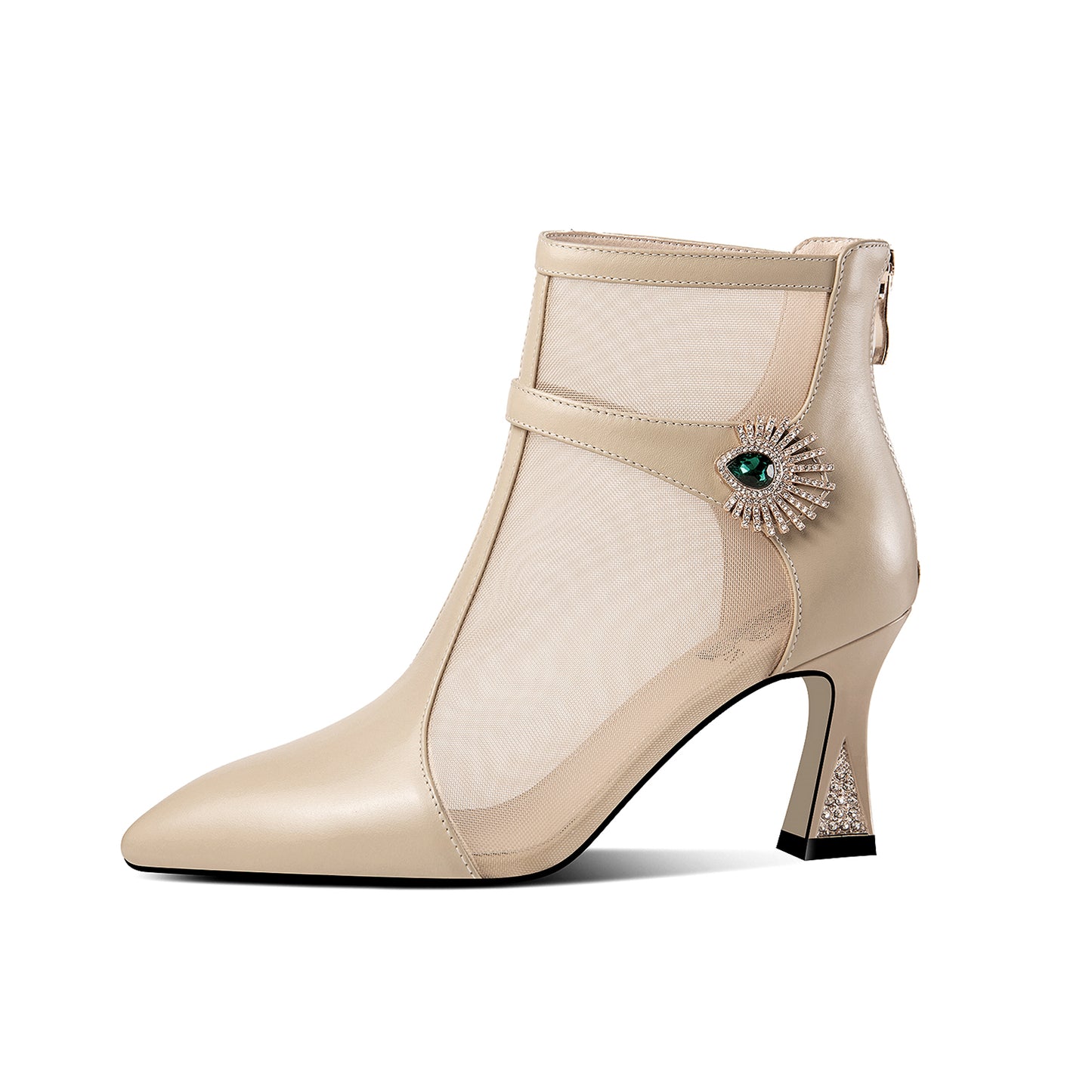 TinaCus Women's Handmade Genuine Leather and Mesh Zip Up Spool Heel Summer Ankle Boots with Green Crystal