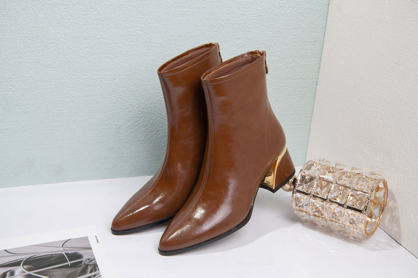 TinaCus Women's Pointy Toe Genuine Leather Handmade Back Zip Block Heel Ankle Boots